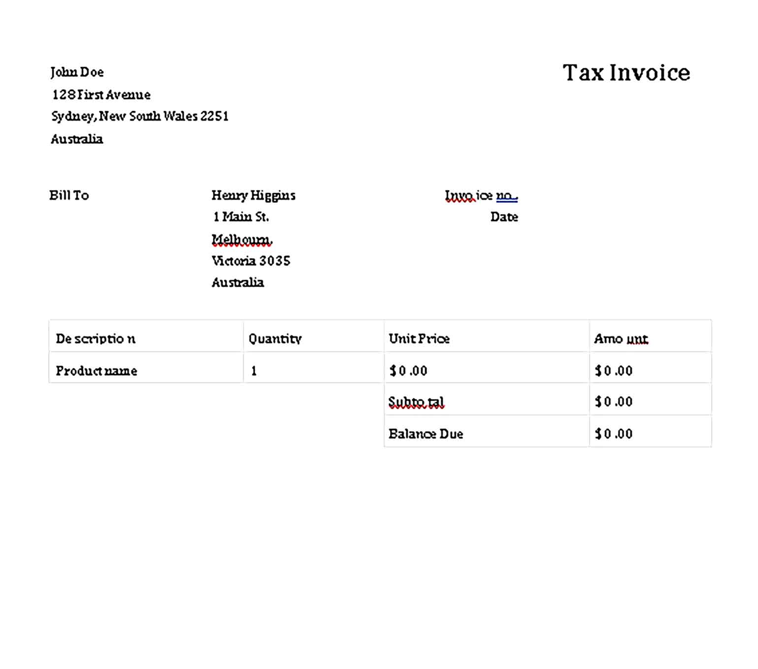 Sample Templates Tax Invoice australia