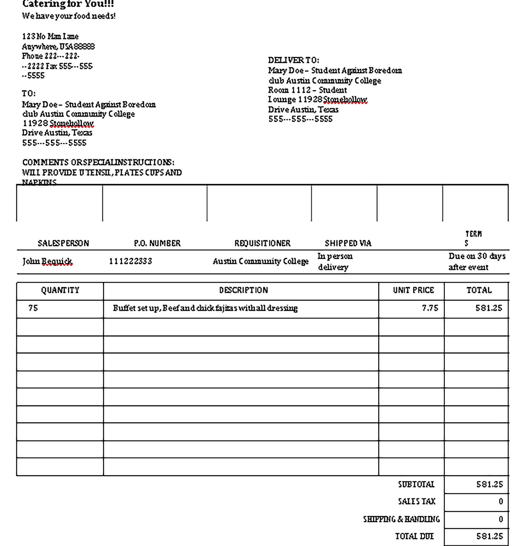 Sample Templates of Catering Invoice