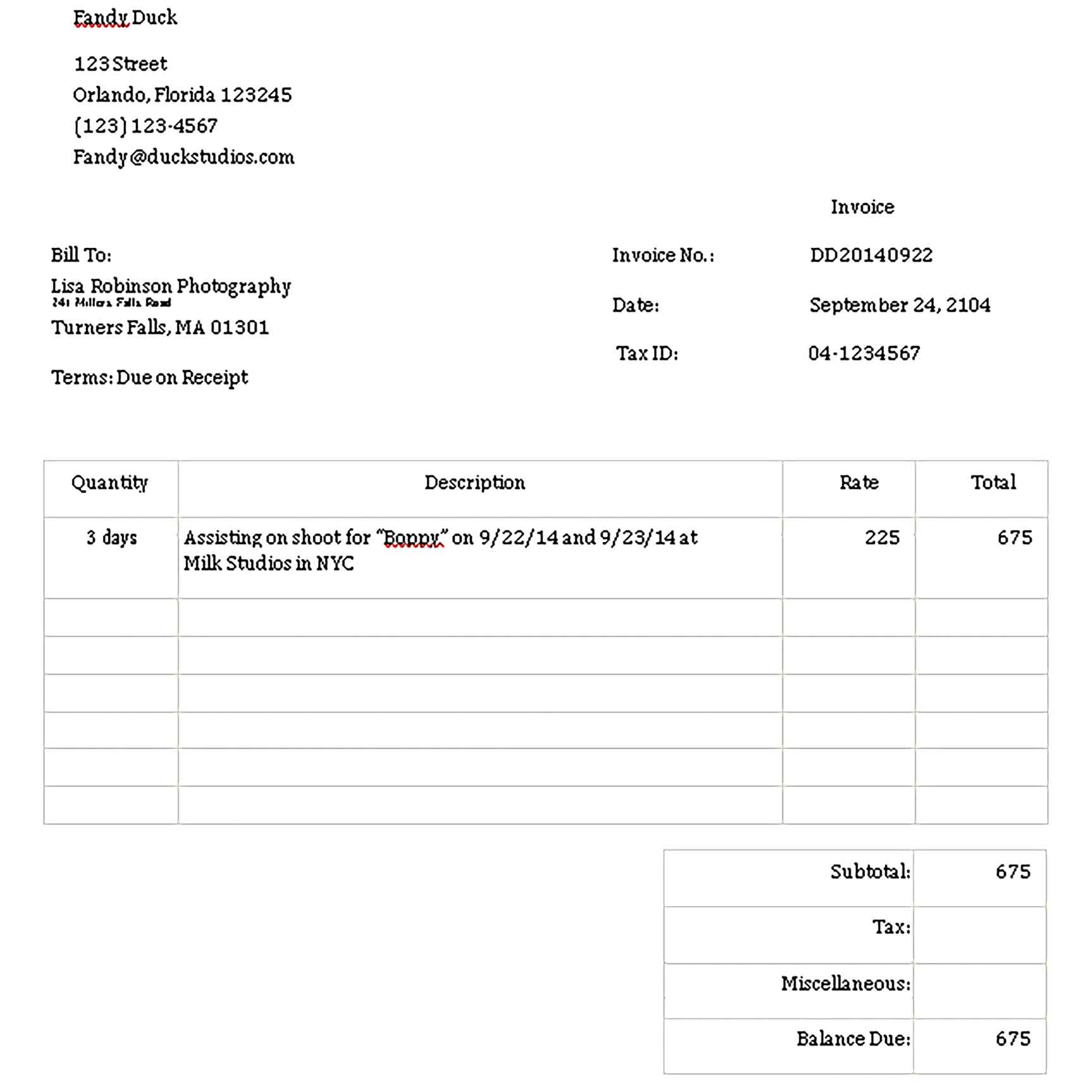 Sample Templates photography invoice 002