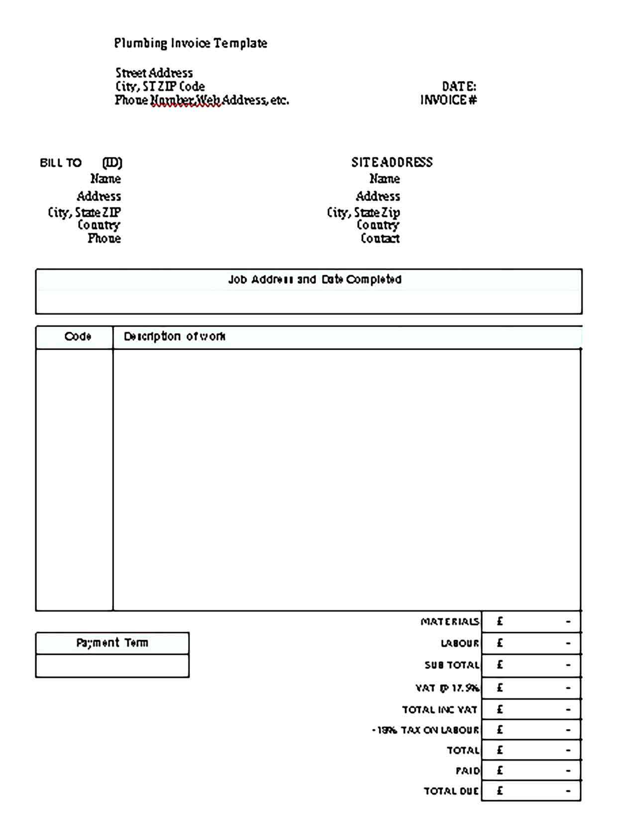 Sample Templates plumbing invoice format