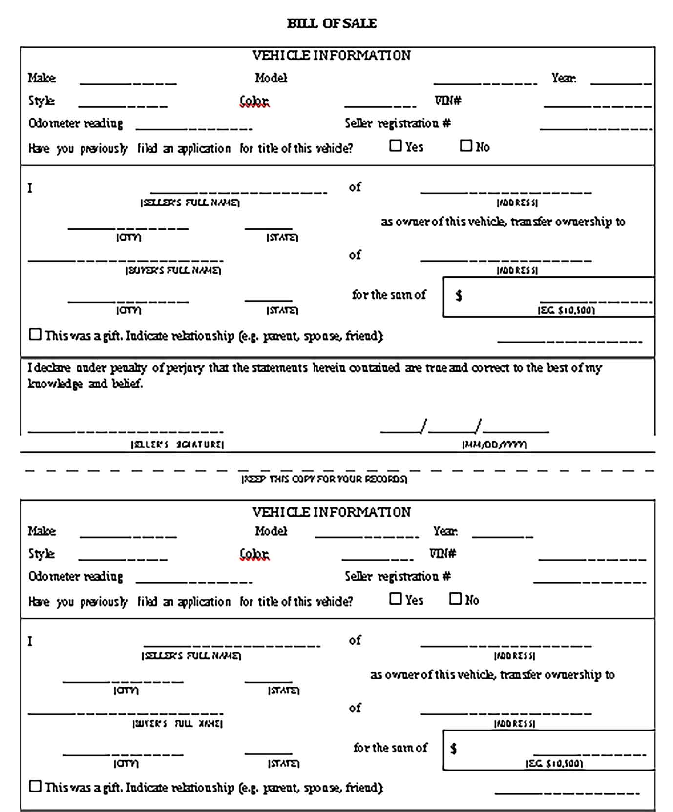 Sample Vehicle Bill of Sale Form Templates