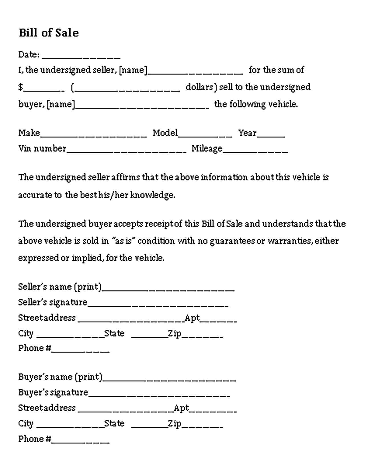 Sample auto bill of sale form Templates