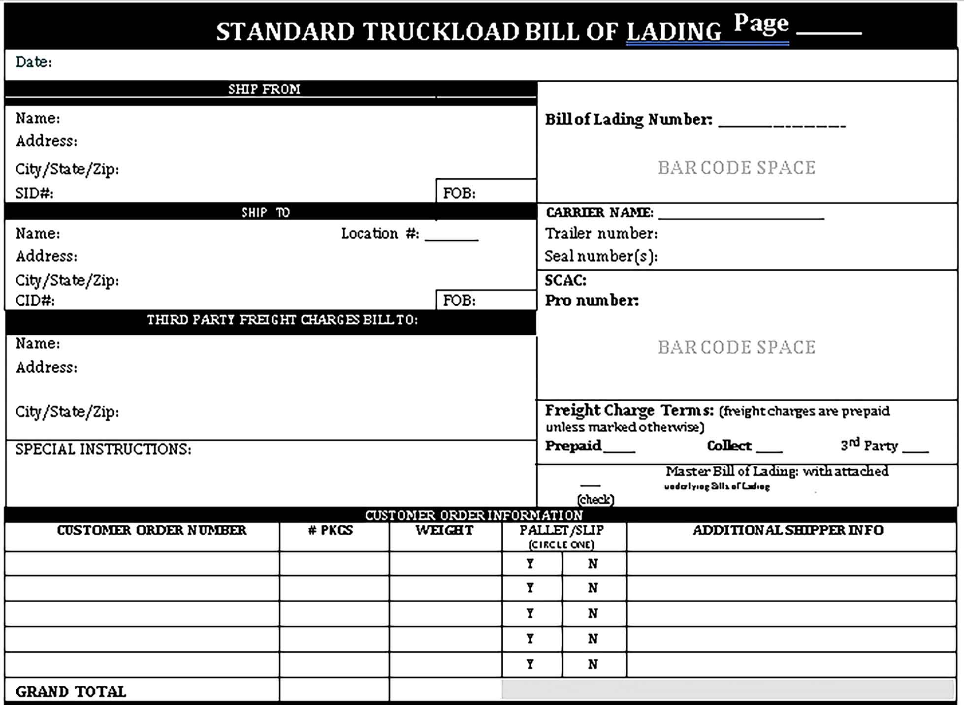 Sample bill of lading front Templates