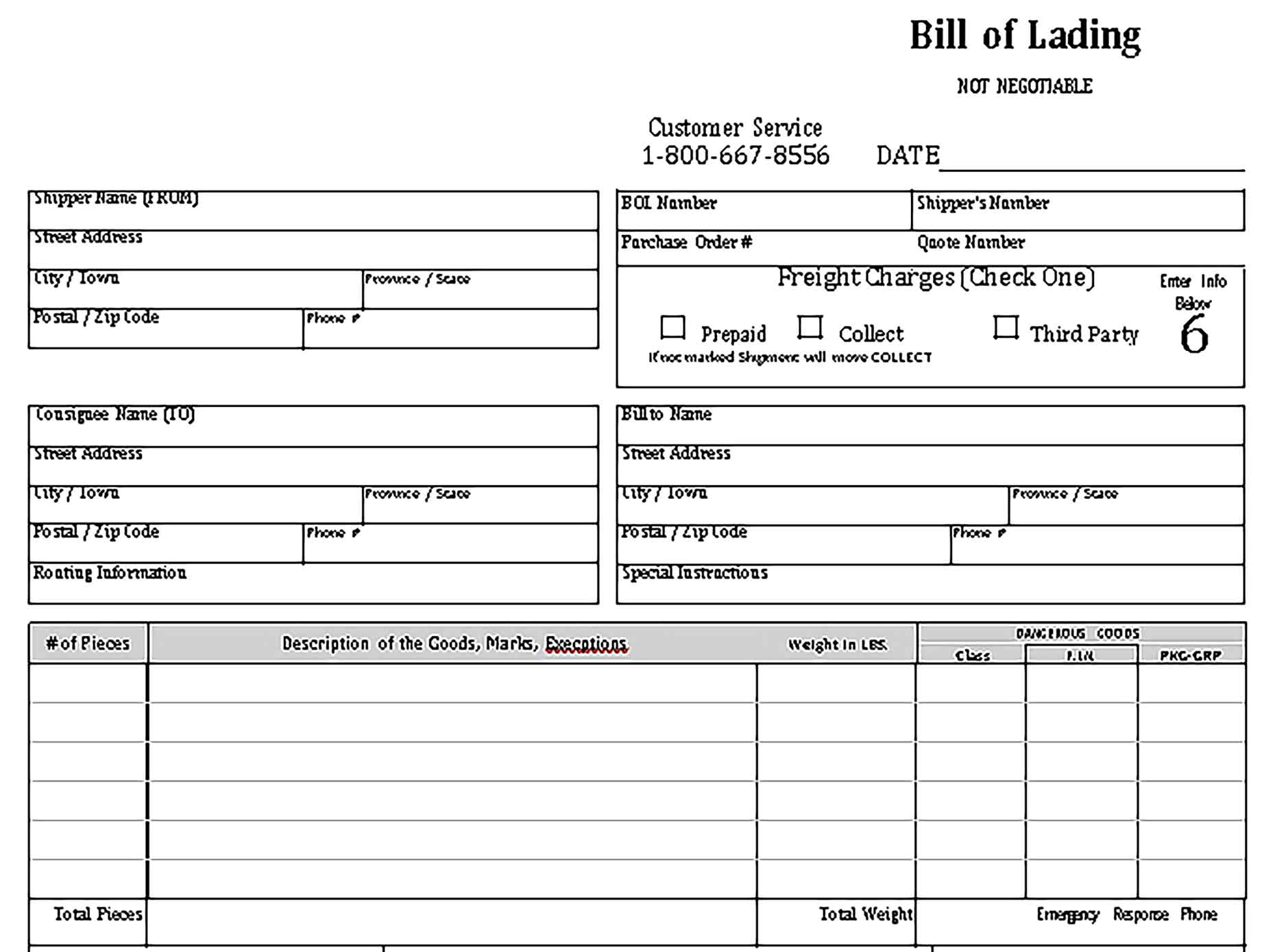 Sample bill of lading 001 Templates