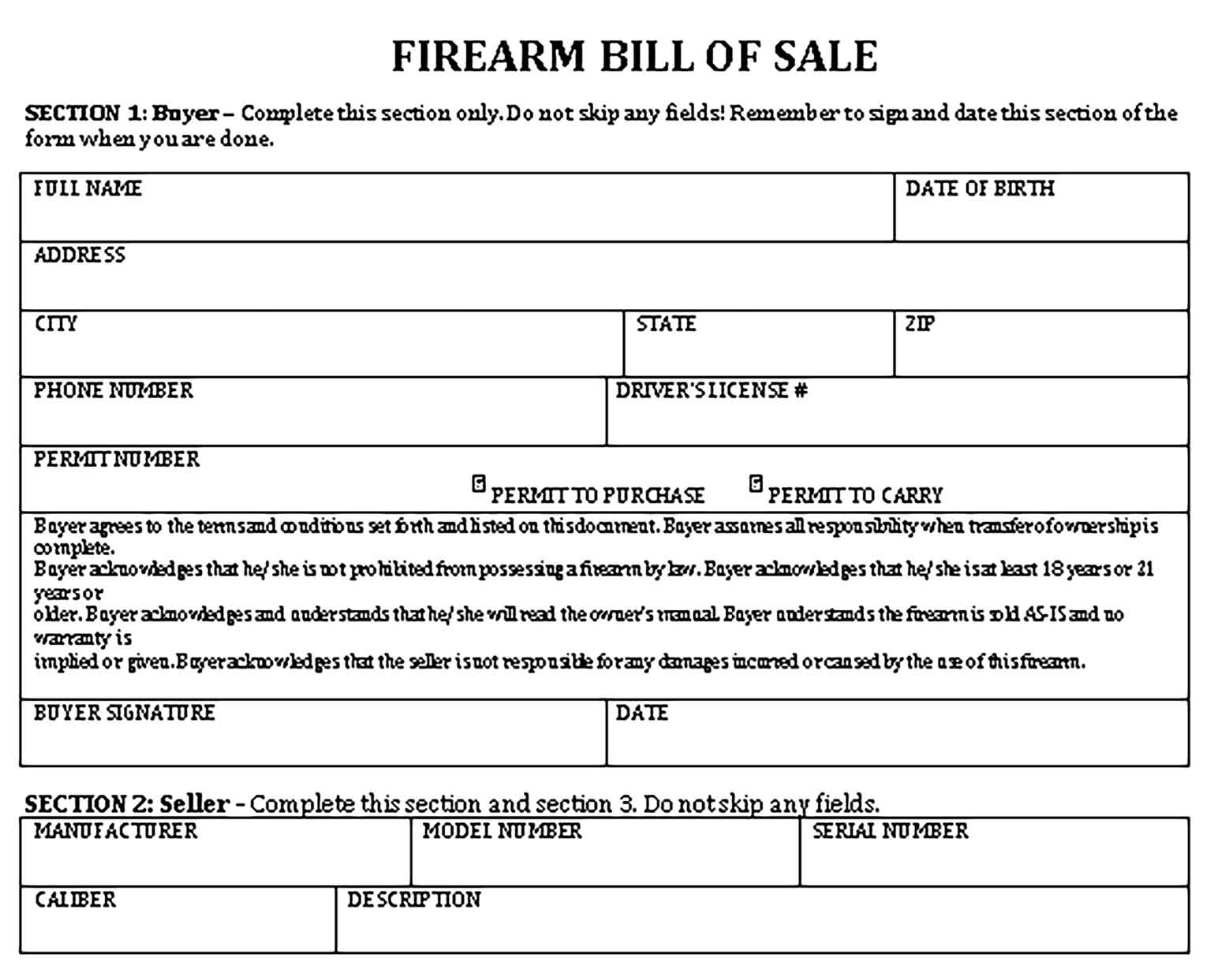 Sample firearm bill of sale free Templates