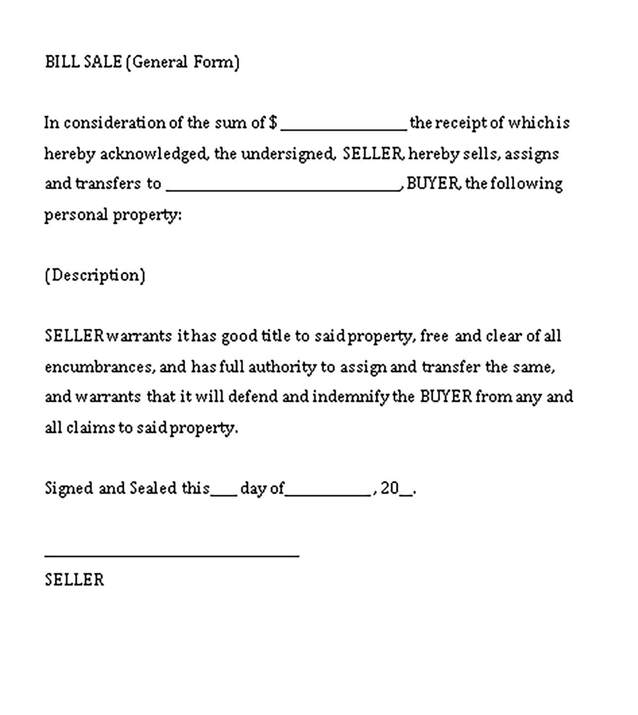 Sample general bill of sale word Templates