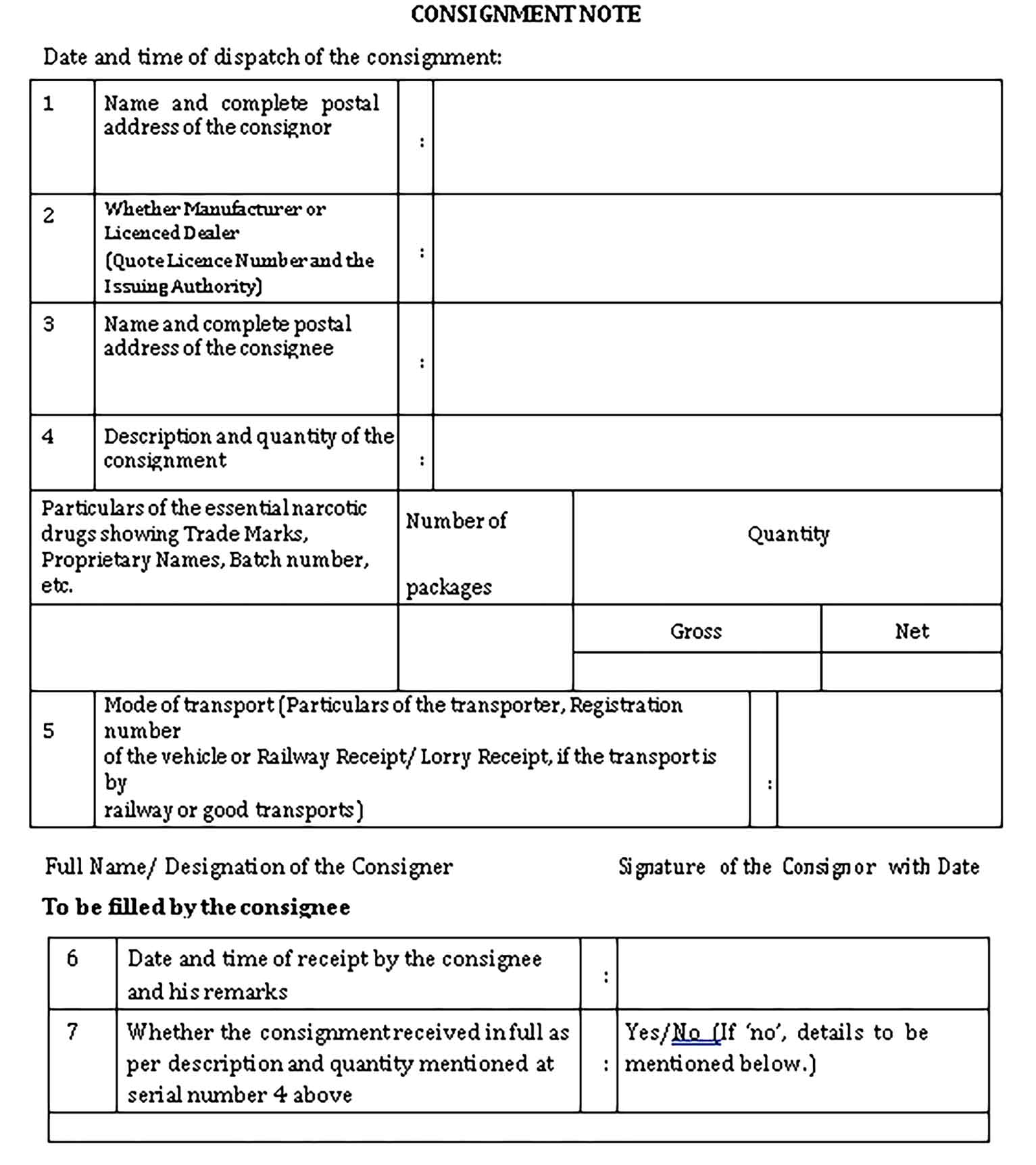 Sample lorry cosignment form Templates