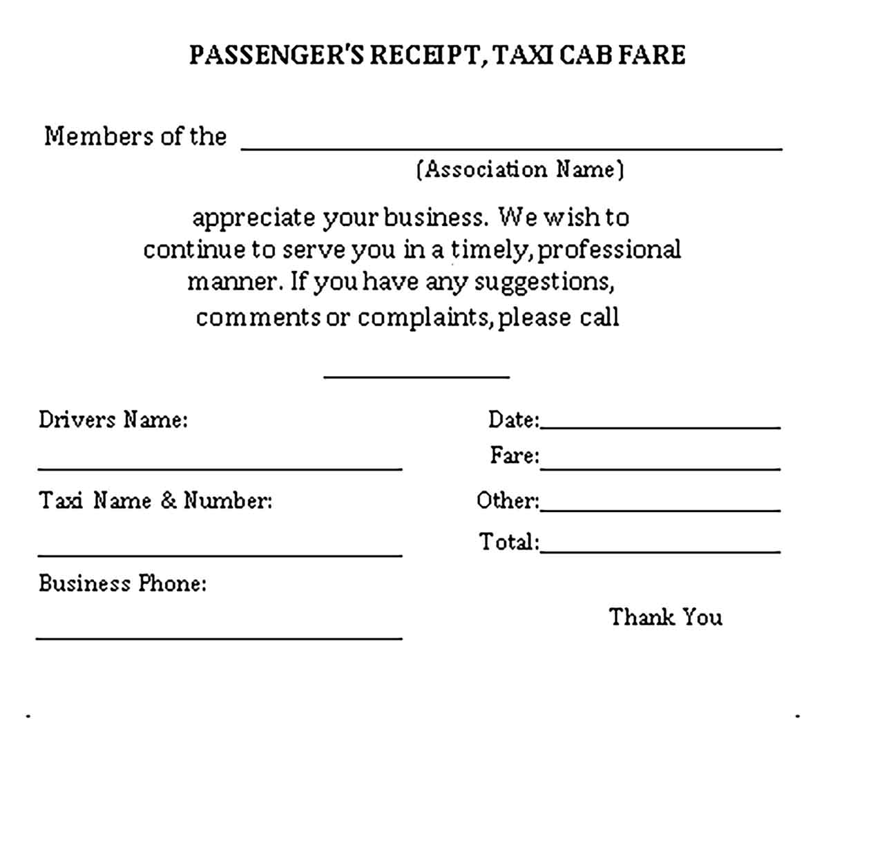 Sample of a Taxi Receipt Templates