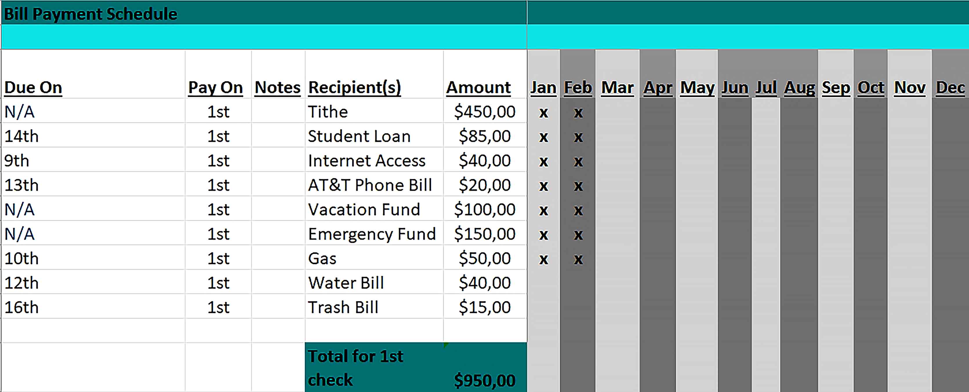 Template Bill Payment Schedule Excel Format Sample