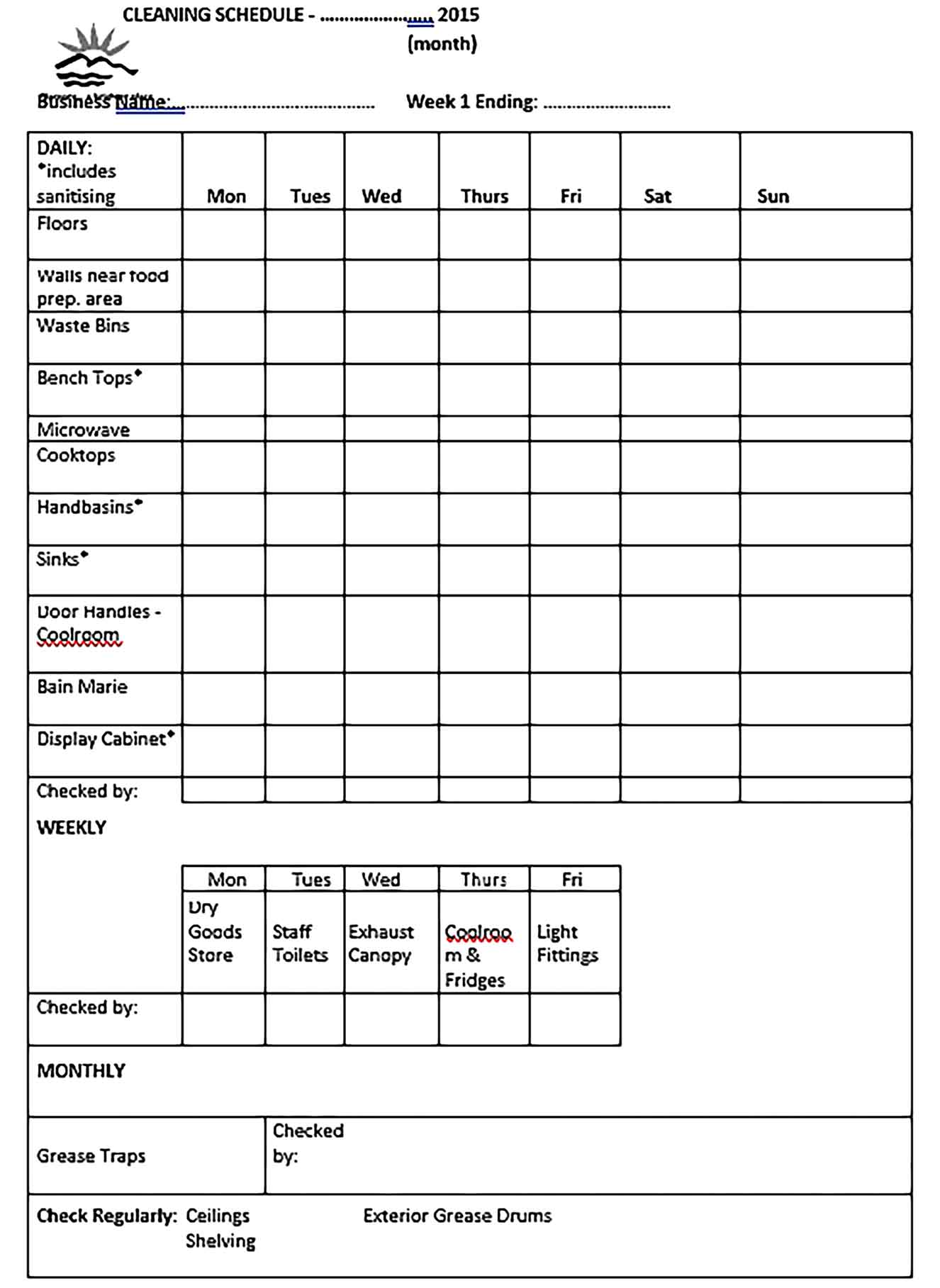 Template Blank Office Cleaning Schedule Sample