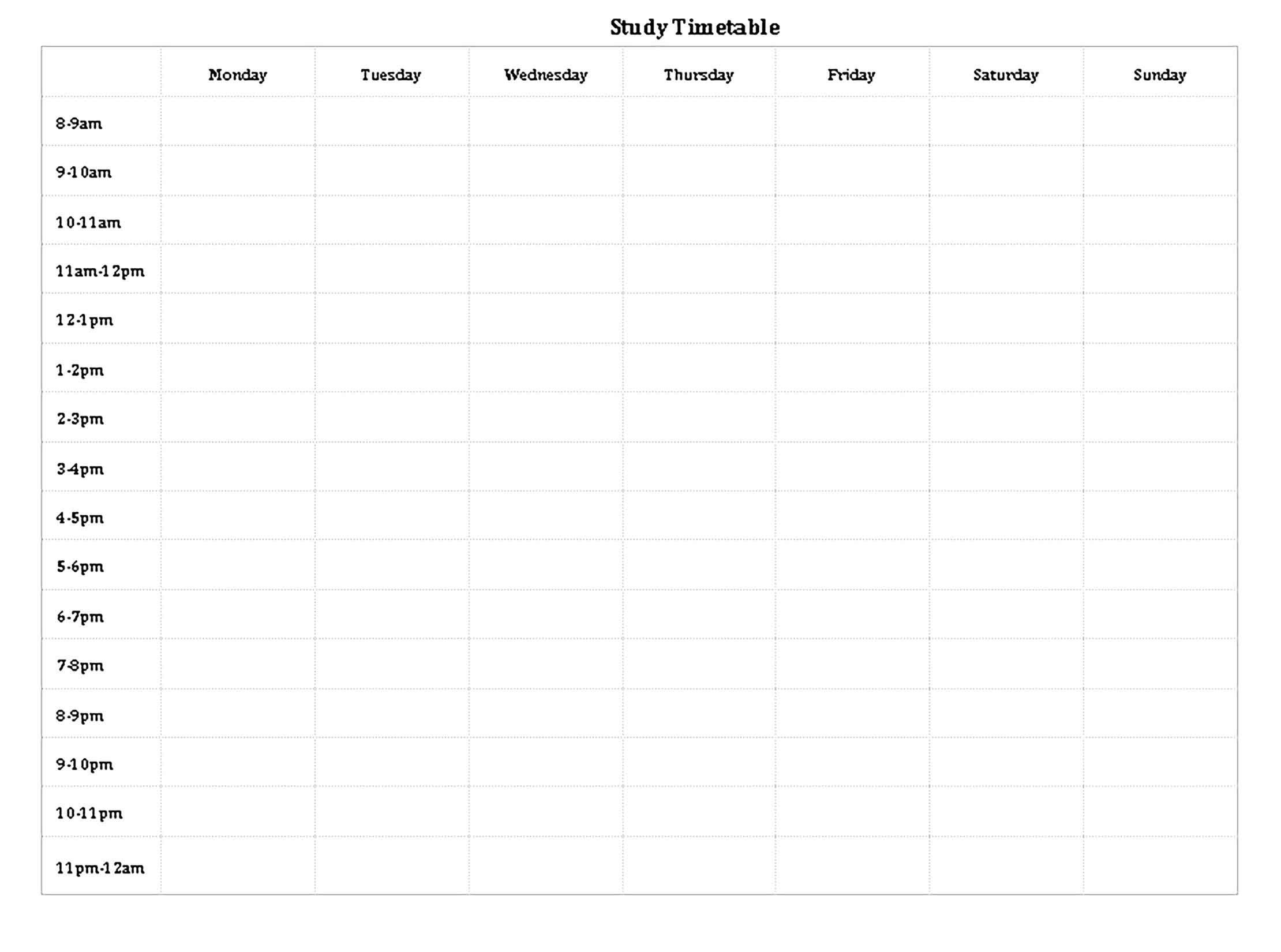 Template Blank Study Timetable Sample