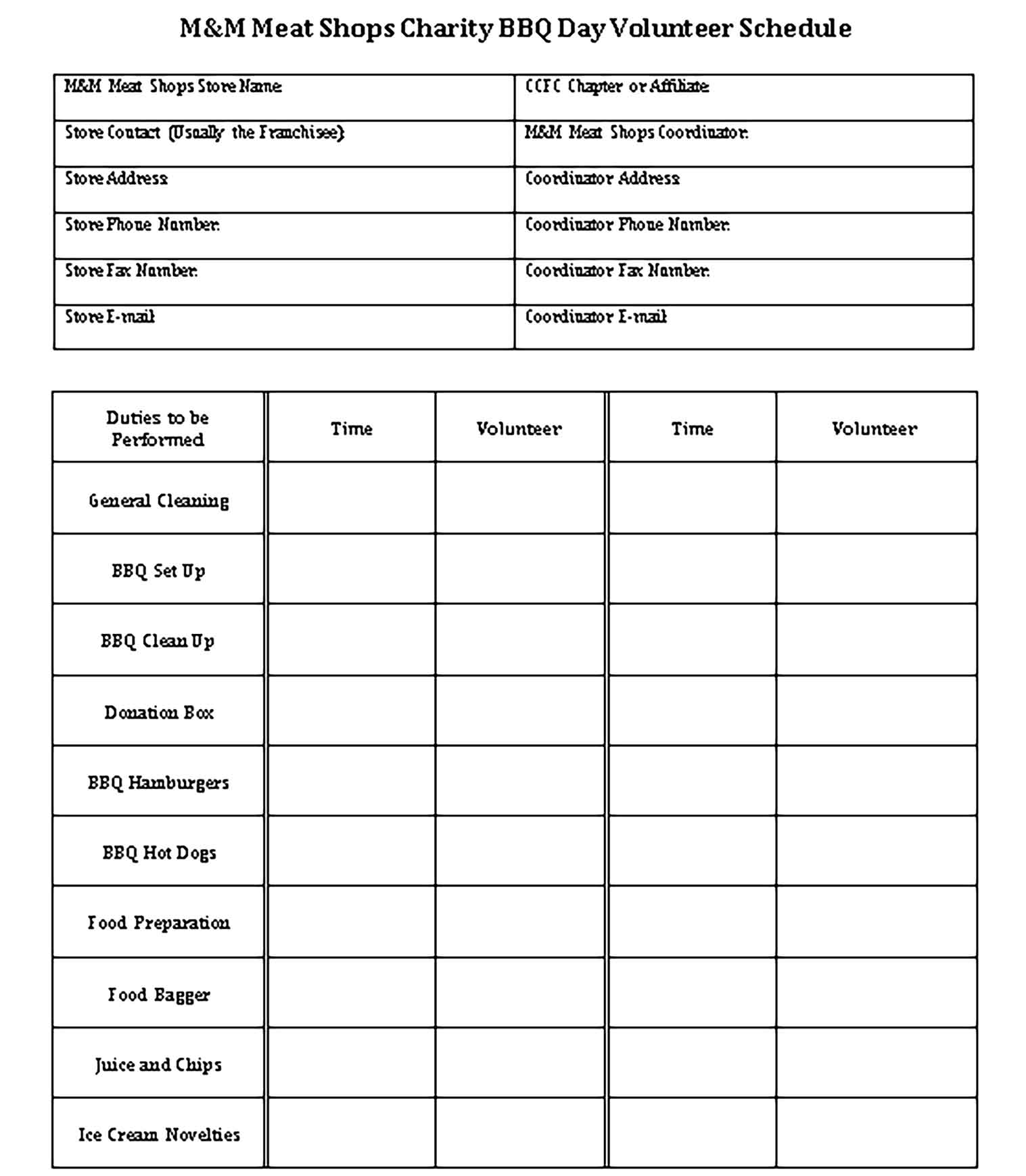 Template Charity BBQ Day Volunteer Schedule Word Format Sample