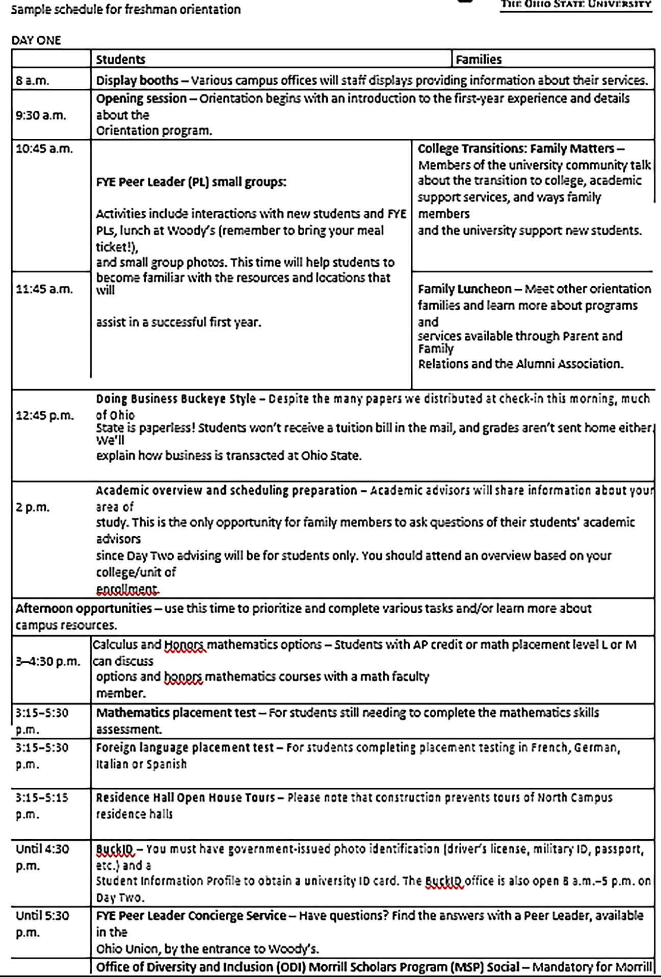 Template College Freshers Orientation Schedule Sample
