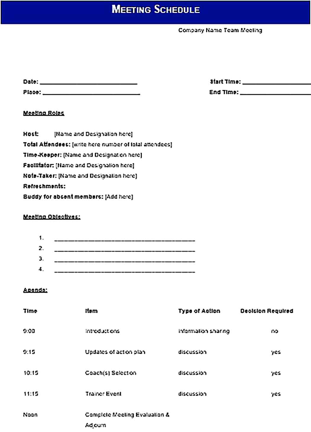 Template Company Meeting Schedule Word Doc Sample