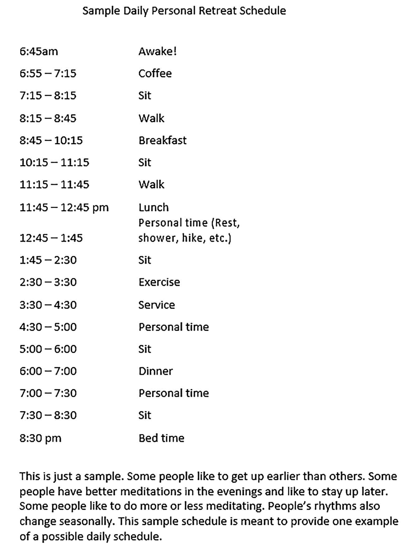 Template Daily Personal Retreat Schedule Sample