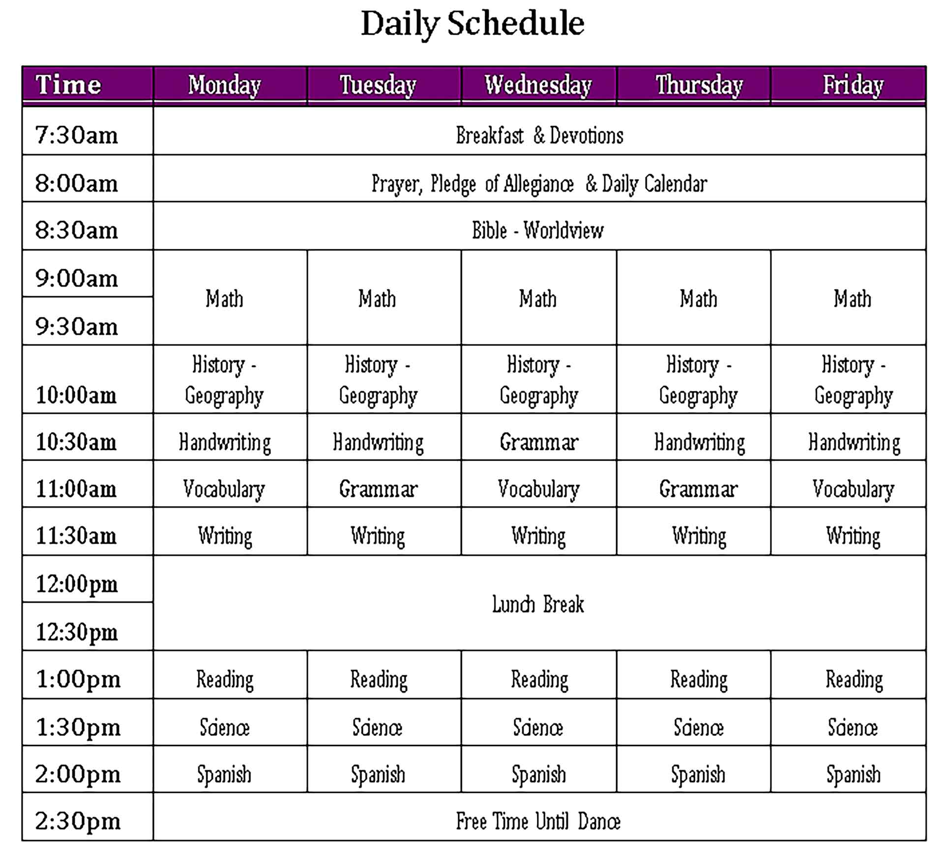 Template Daily Schedule Sample 1