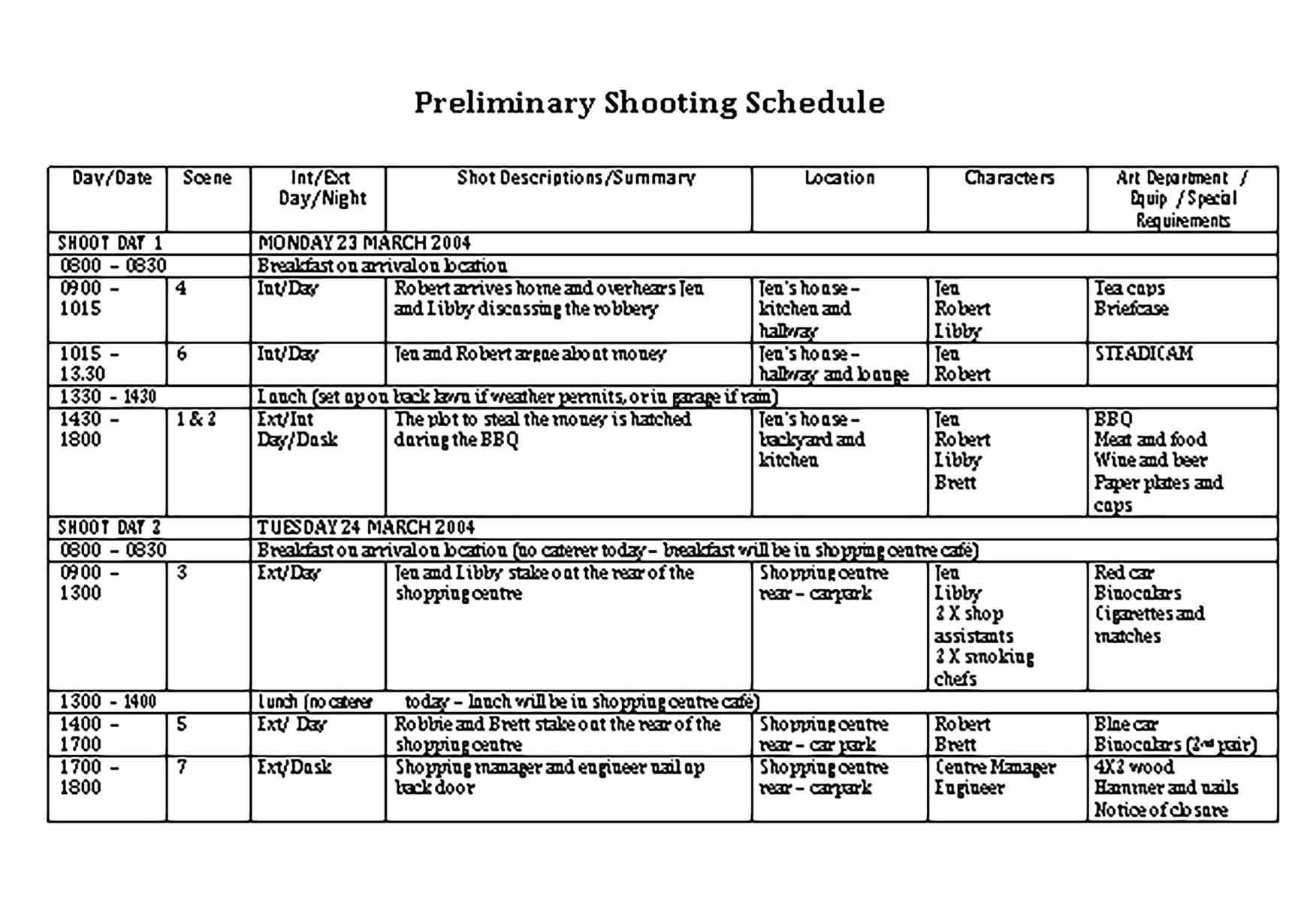 Template Film Preliminary Shooting Schedule Sample