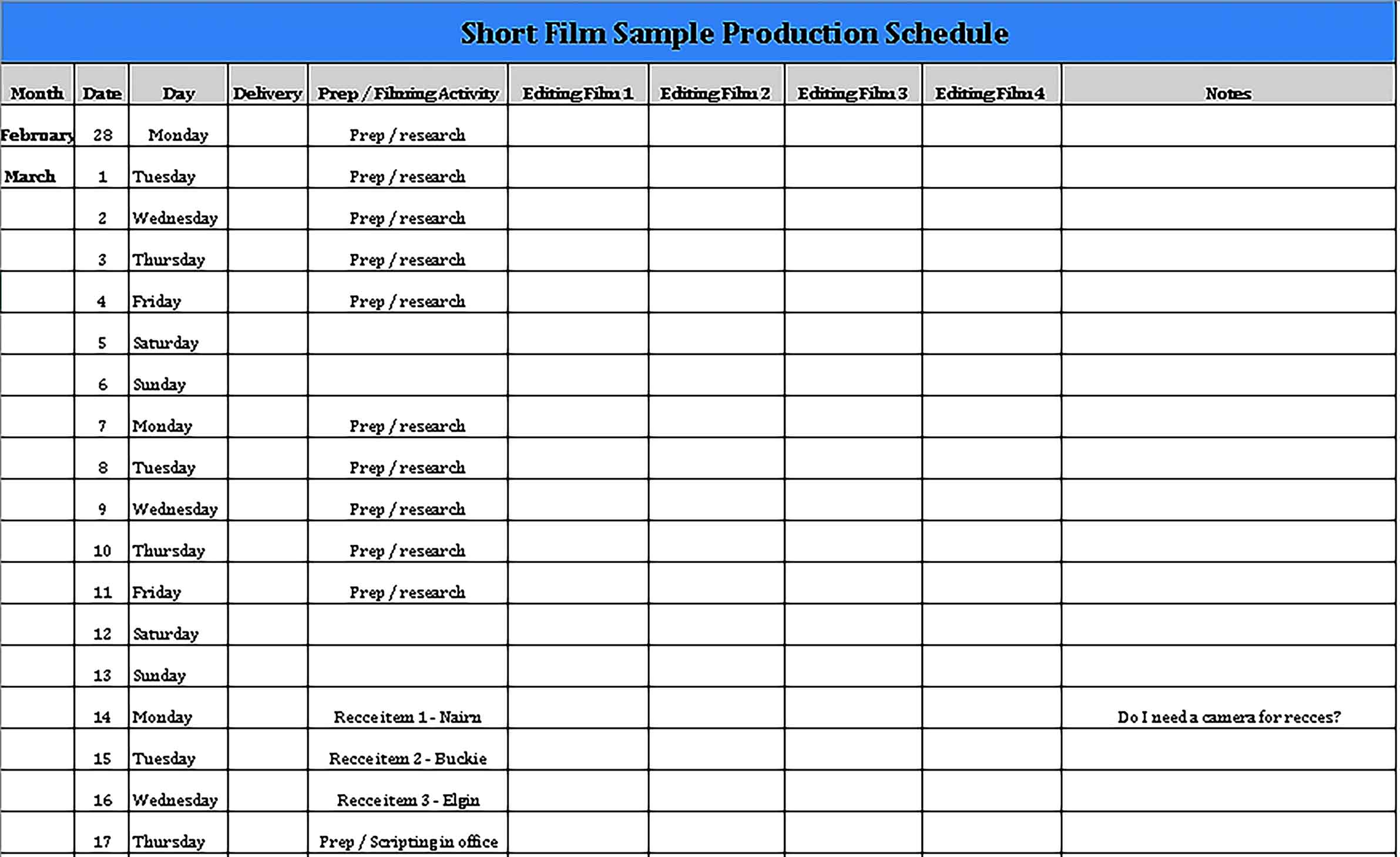Template Film Production Schedule Sample