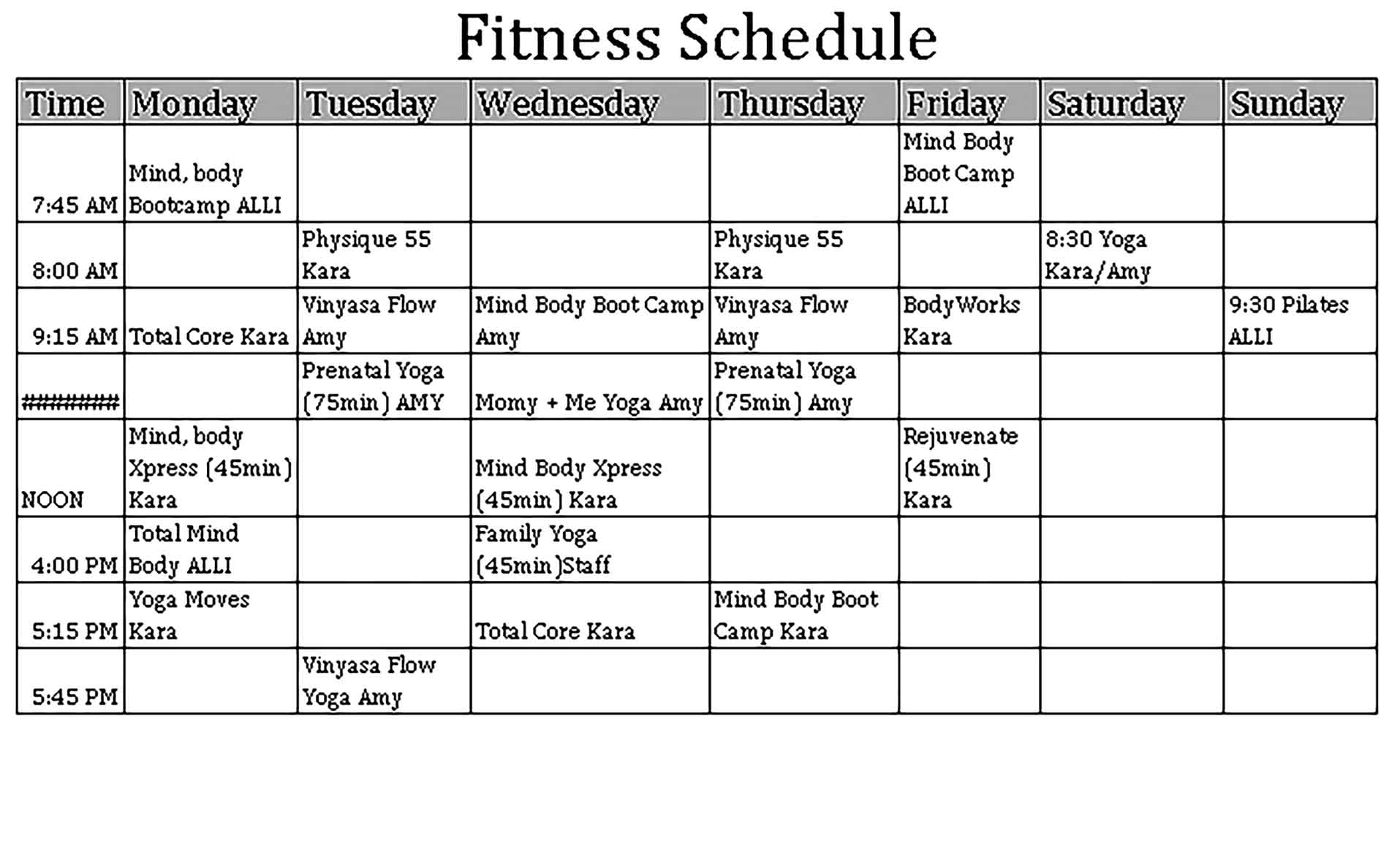 Template Fitness Schedule Sample