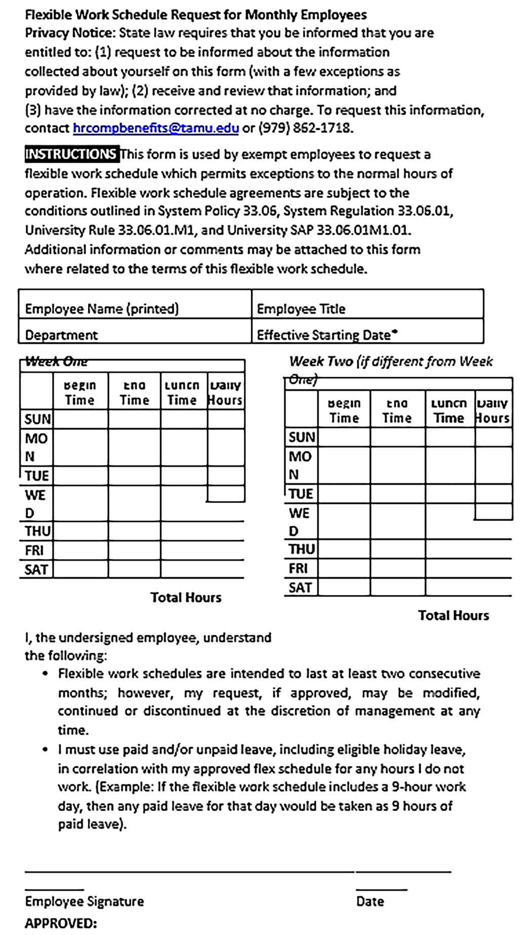 Template Flexible Work Schedule Request for Monthly Employees Sample