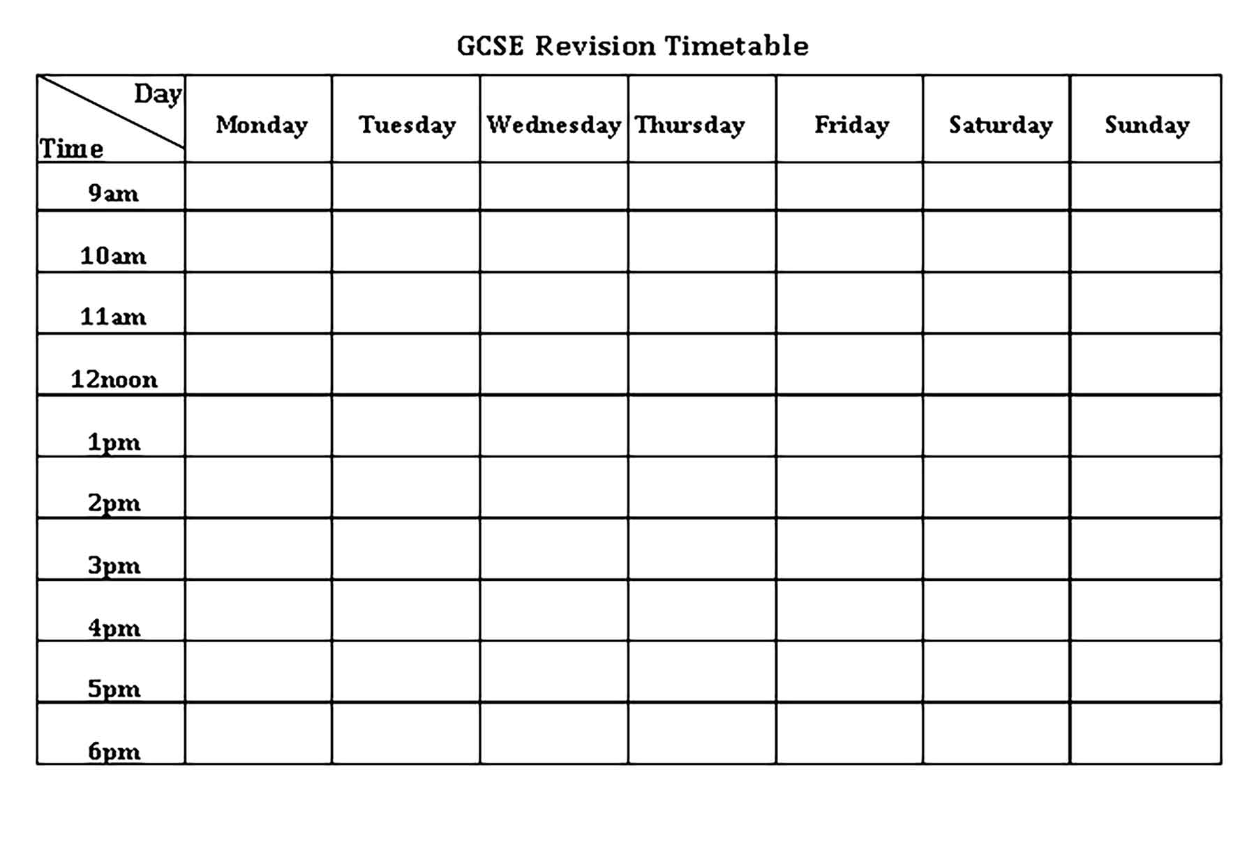 Template GCSE Revision Timetable Sample