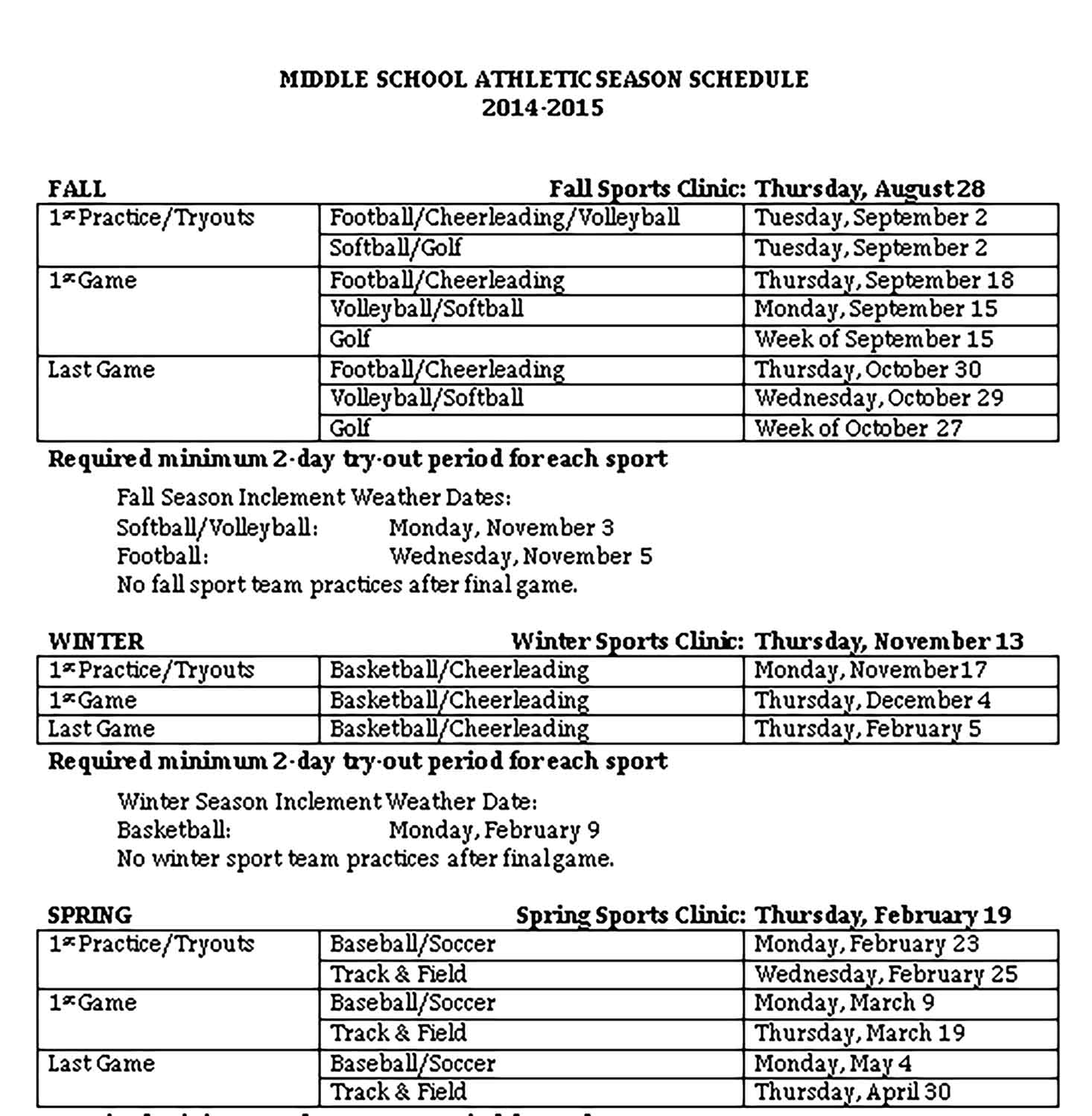 Template Middle School Sport Season Schedule Sample