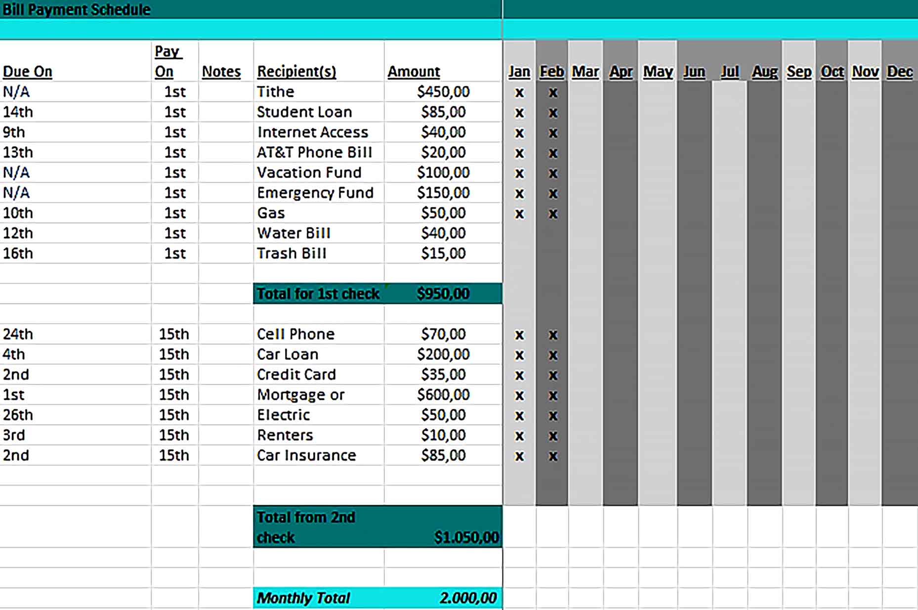 Template Monthly Bill Payment Schedule Excel Excel Sample