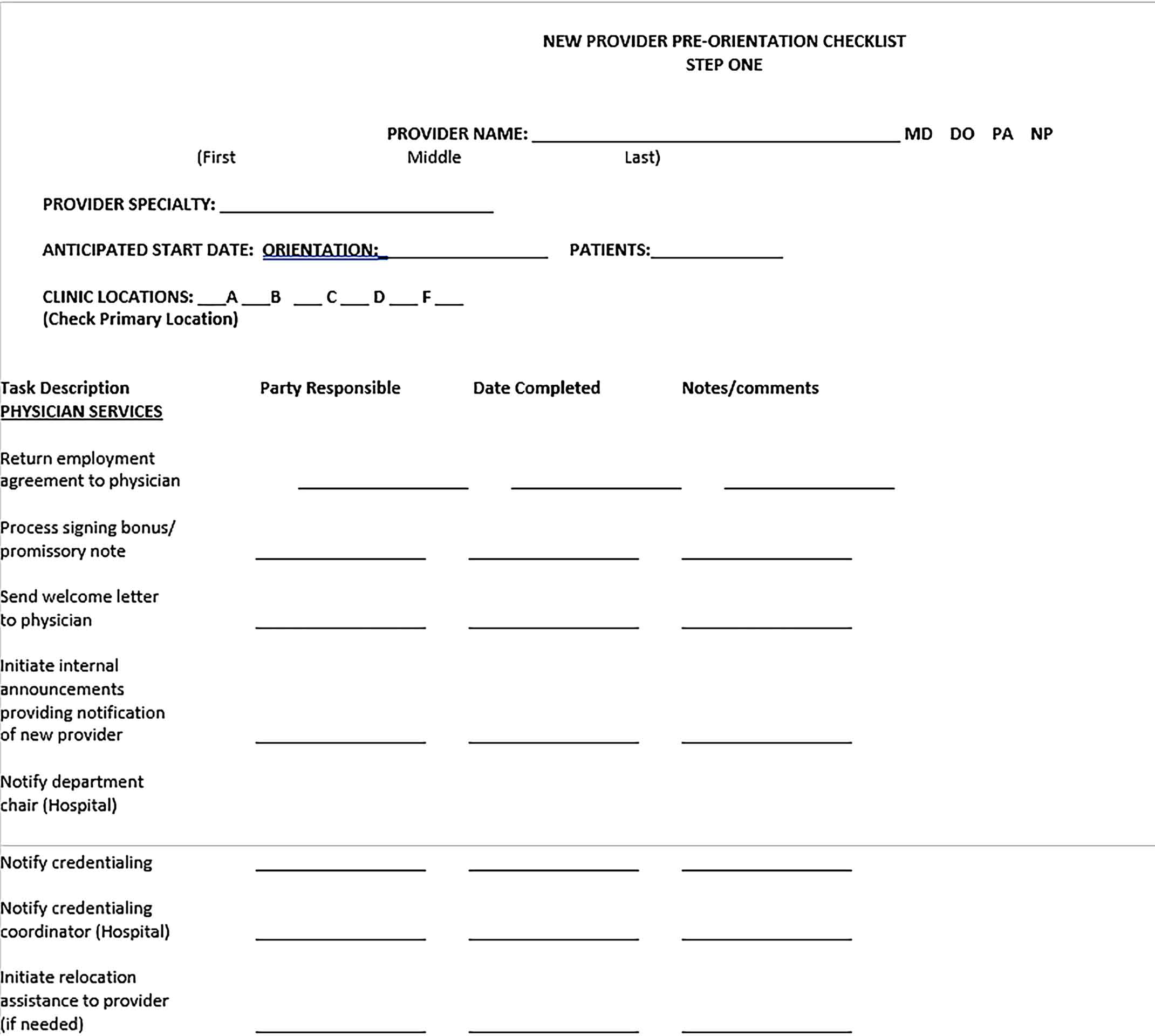 Template New Physician Orientation Checklist Sample