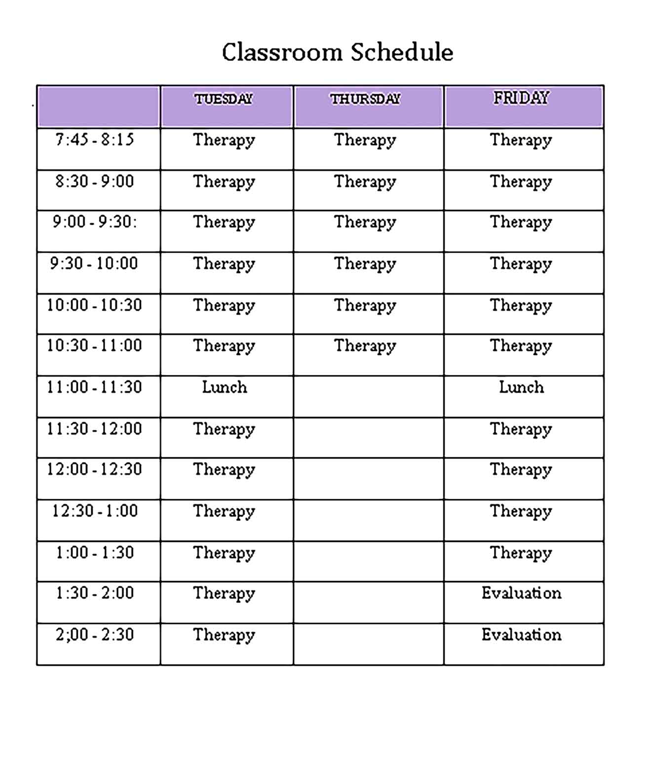 Template Occupational Therapy Schedule Sample