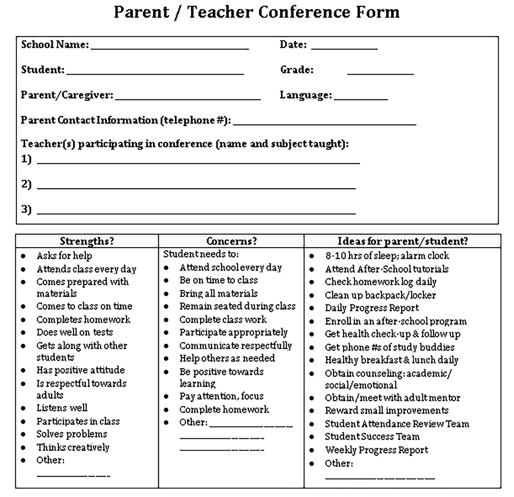 Template Parent Teacher Conference Schedule Sample