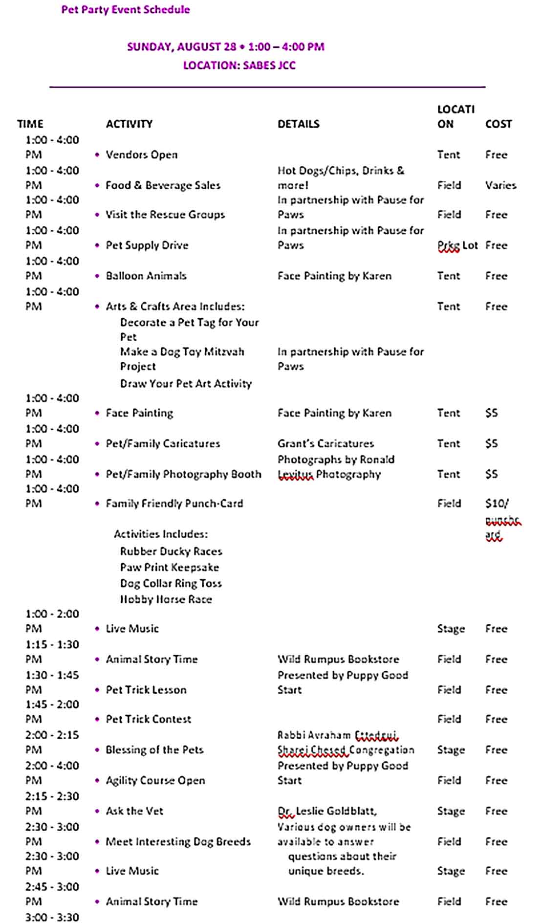 Template Party Event Schedule Sample