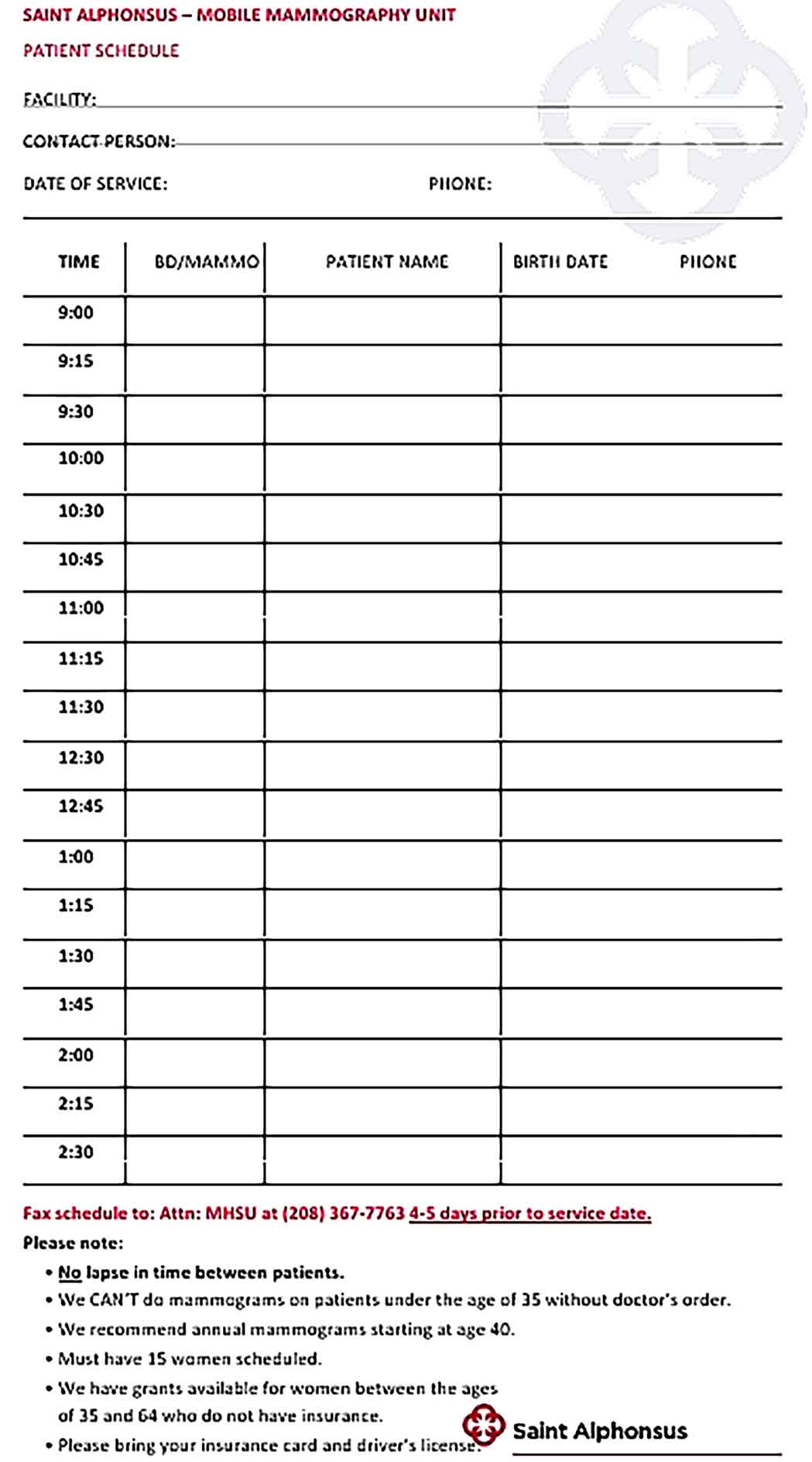 Template Patient Schedule Sample