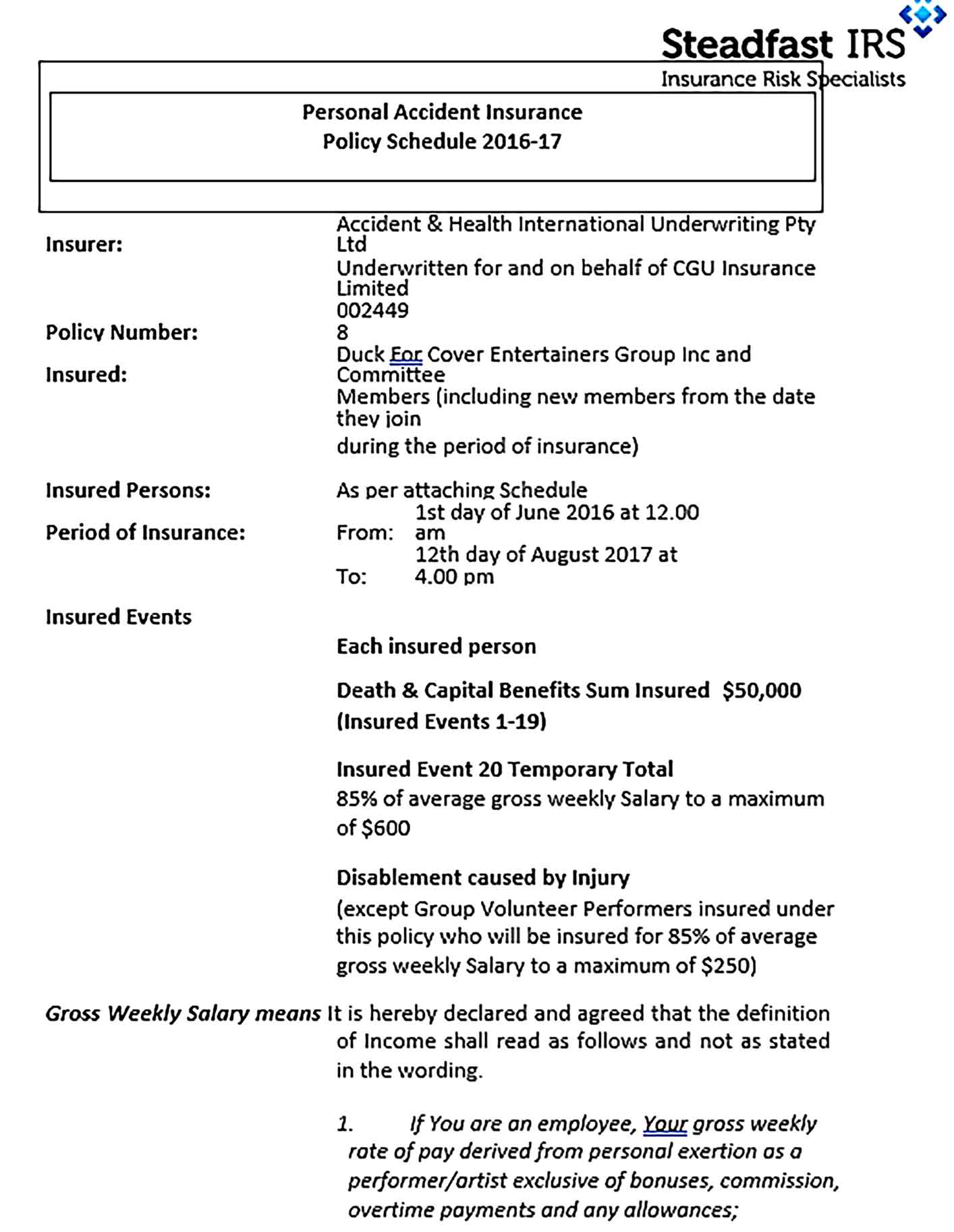 Template Personal Accident Policy Schedule Sample