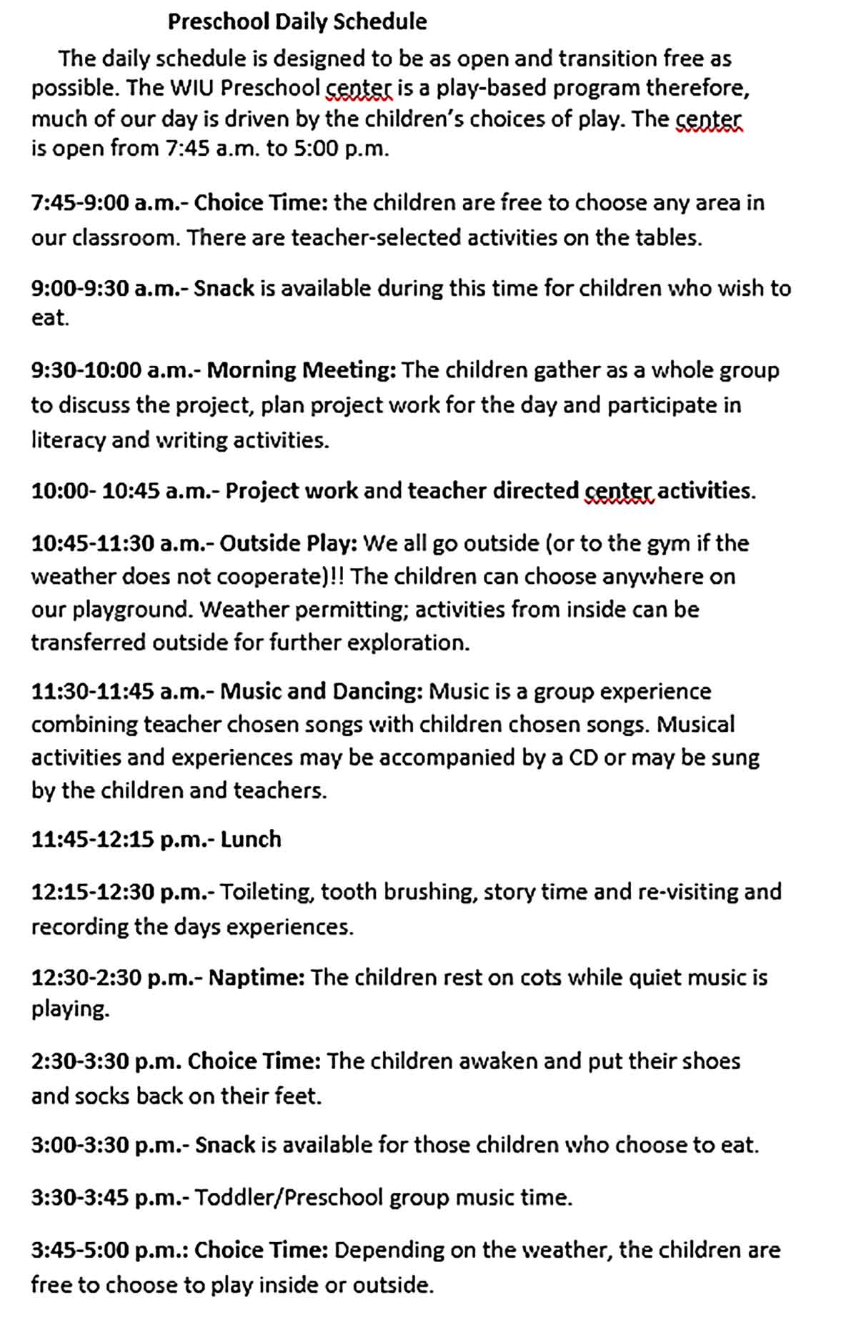 Template Preschool Daily Schedule Sample