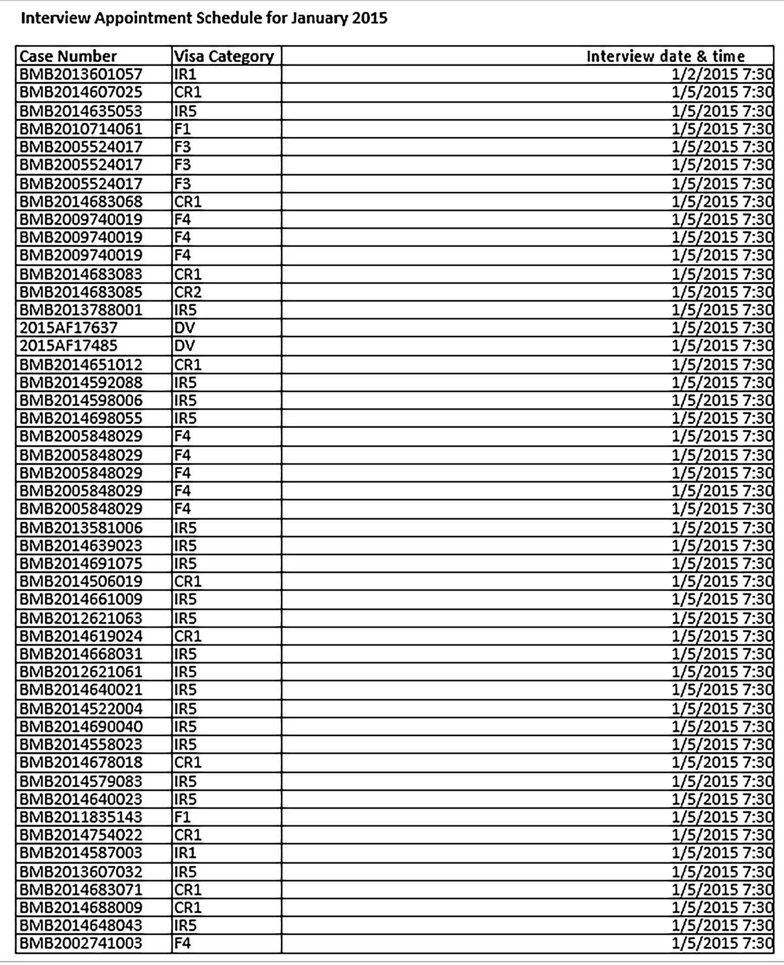 Template Printable Interview Appointment Schedule Sample