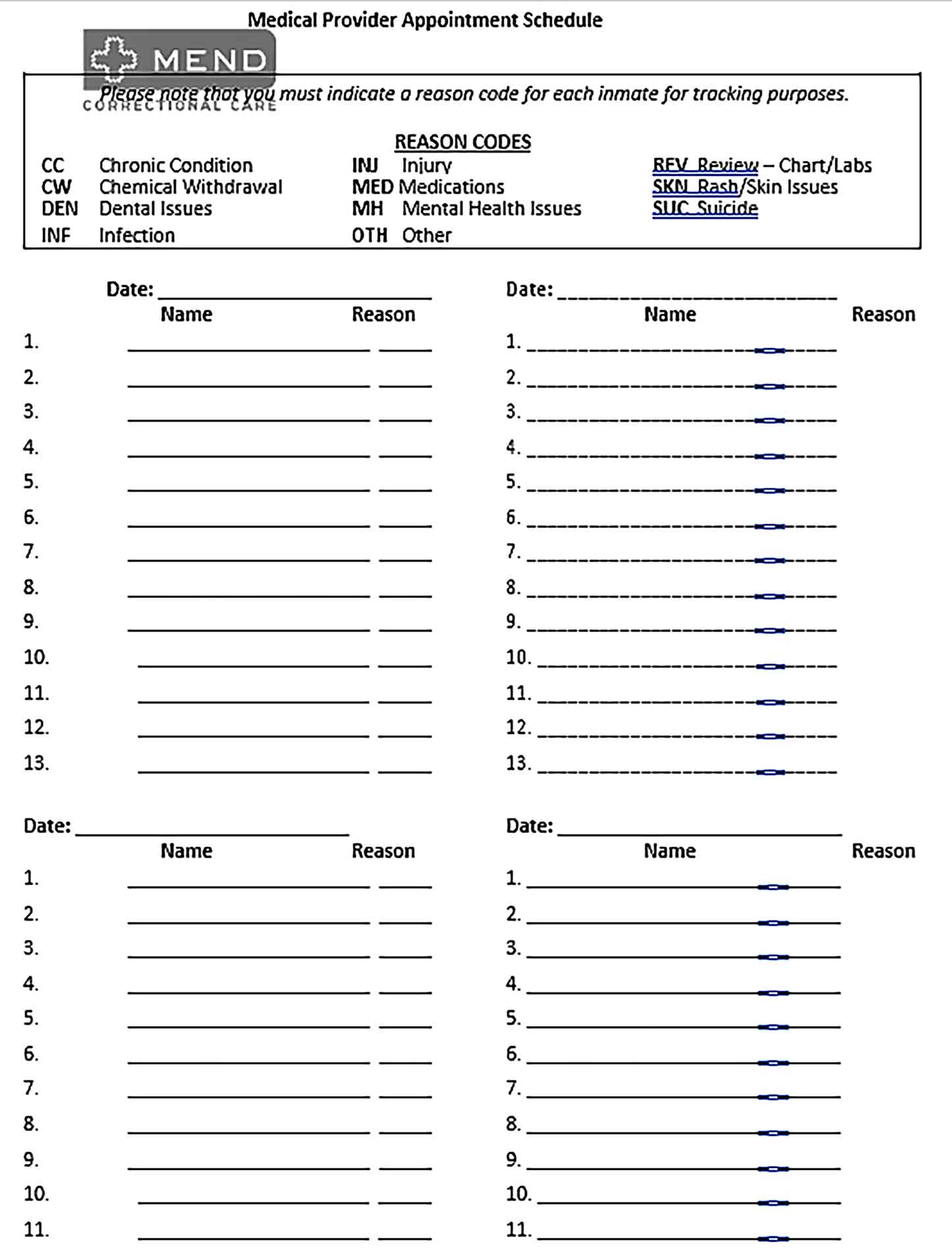 Template Printable Medical Appointment Scheduling Sample
