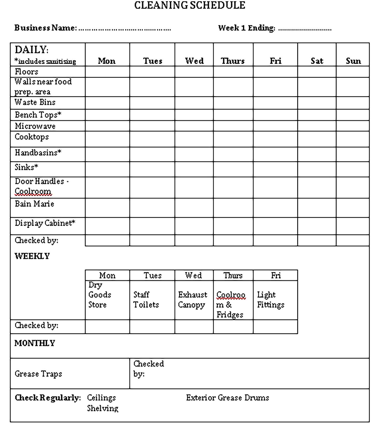 Template Restaurant Daily Cleaning Schedule Sample