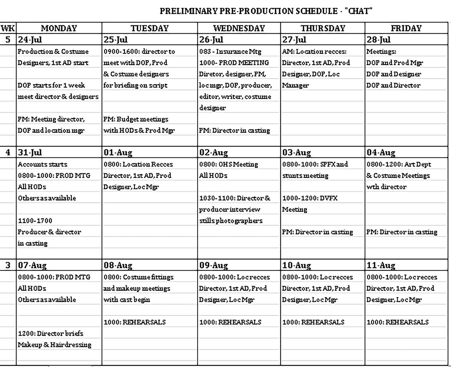 Template Schedule for Pre Production Excel Format Sample