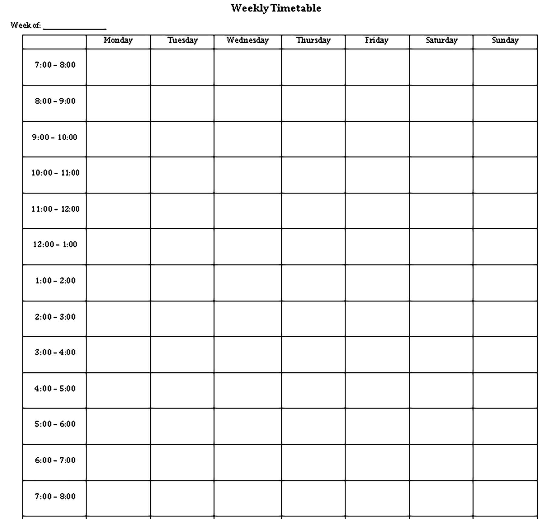 Template School Weekly Time Table Sample