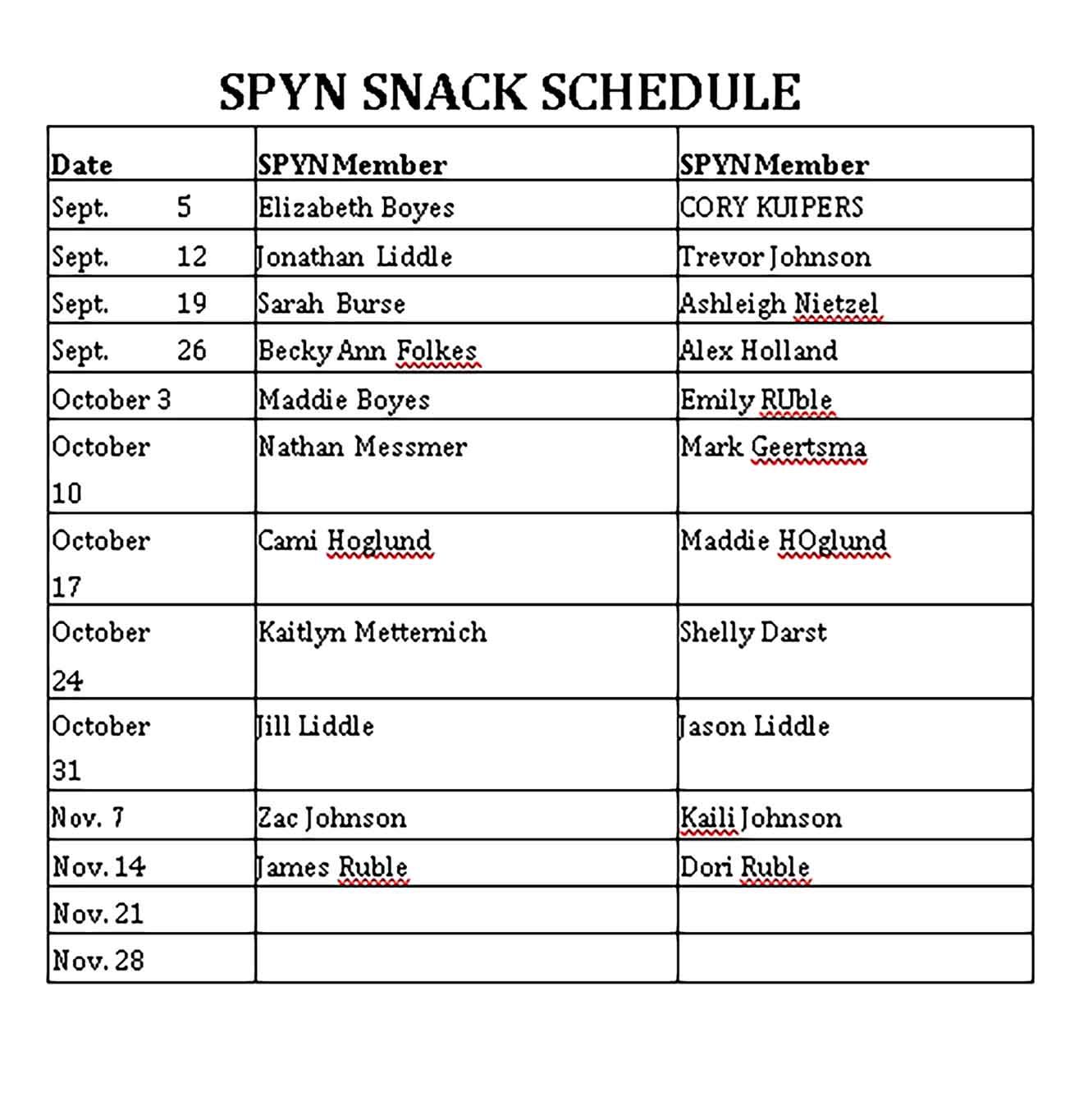 Template Spyn Snack Schedule Sample