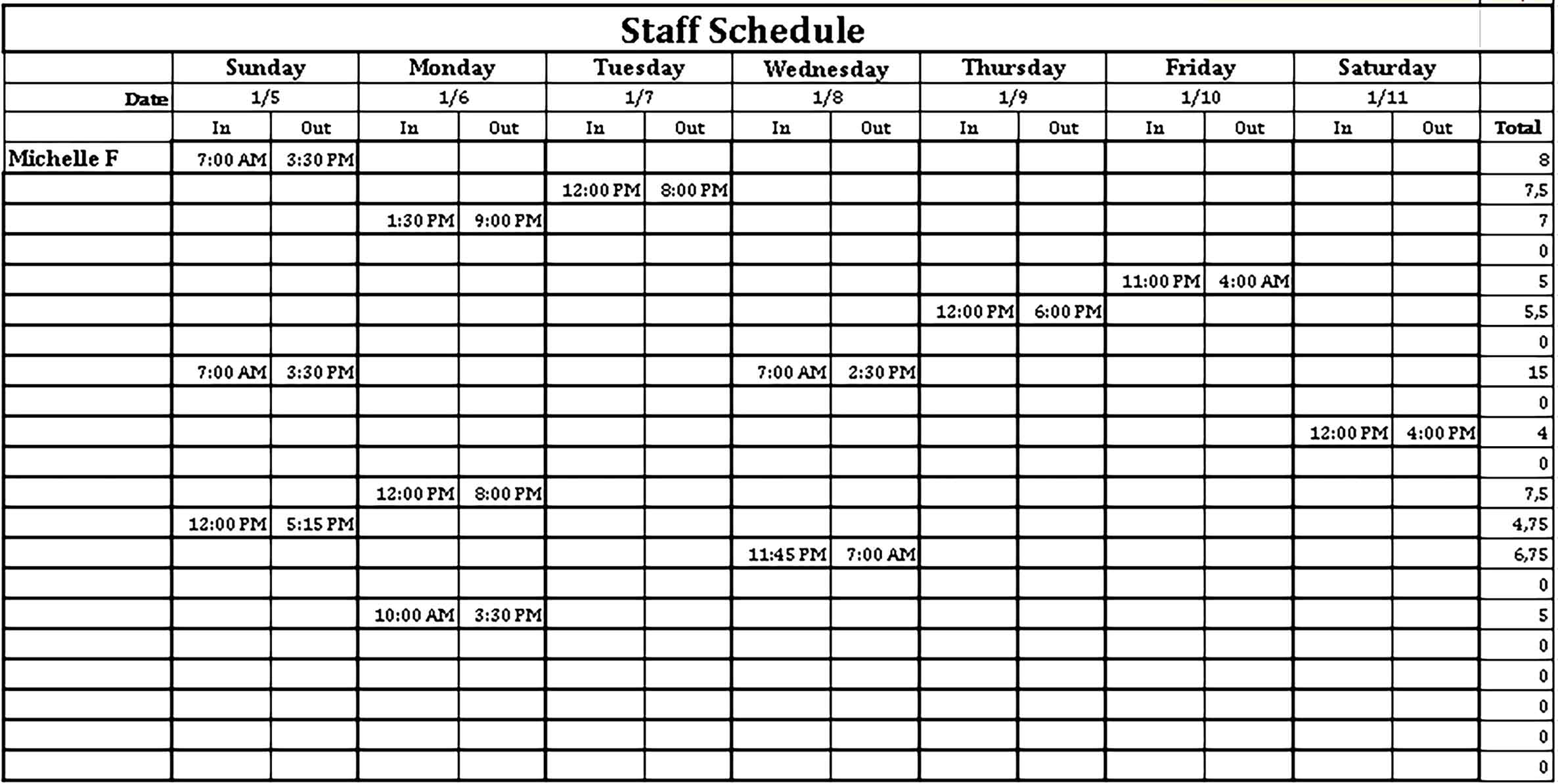 Template Staff Schedule Sample