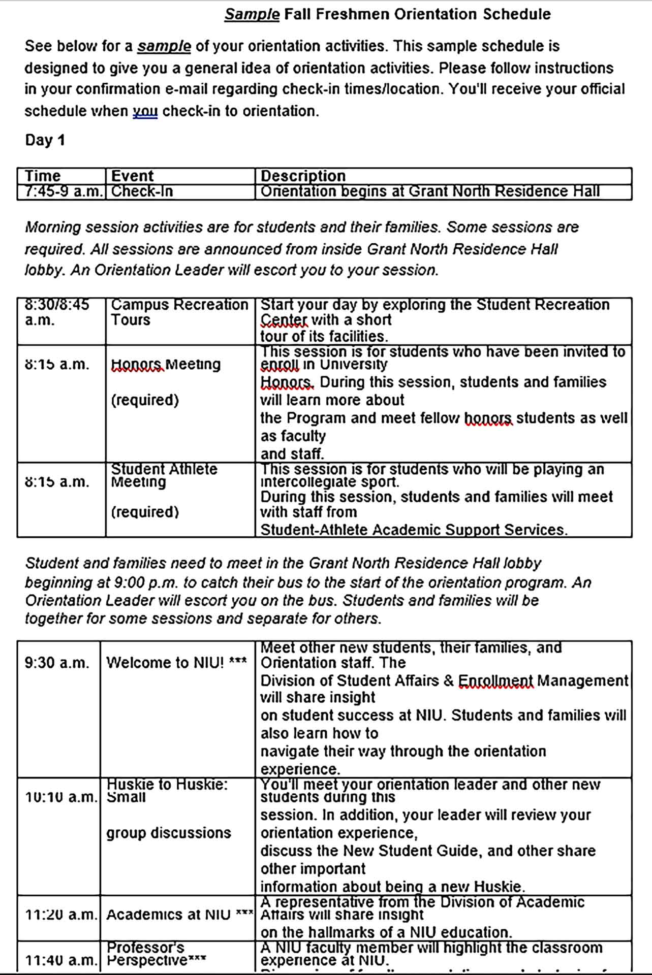 Template Student Orientation Schedule Sample