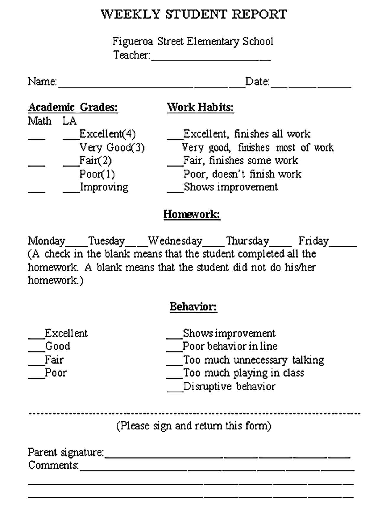 Template Student Weekly Report Form Sample