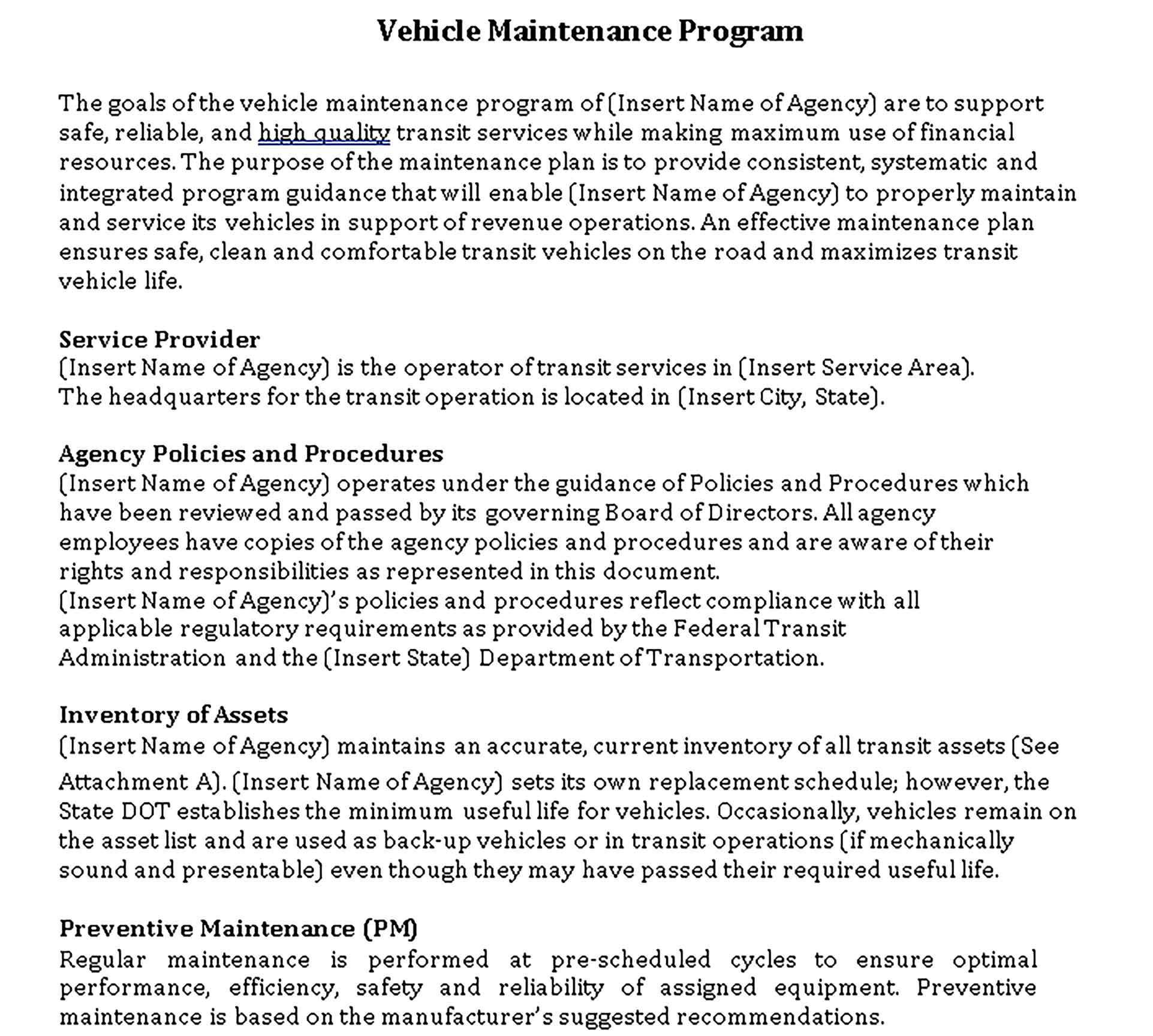 Template Vehicle Maintenance Program Schedule Sample