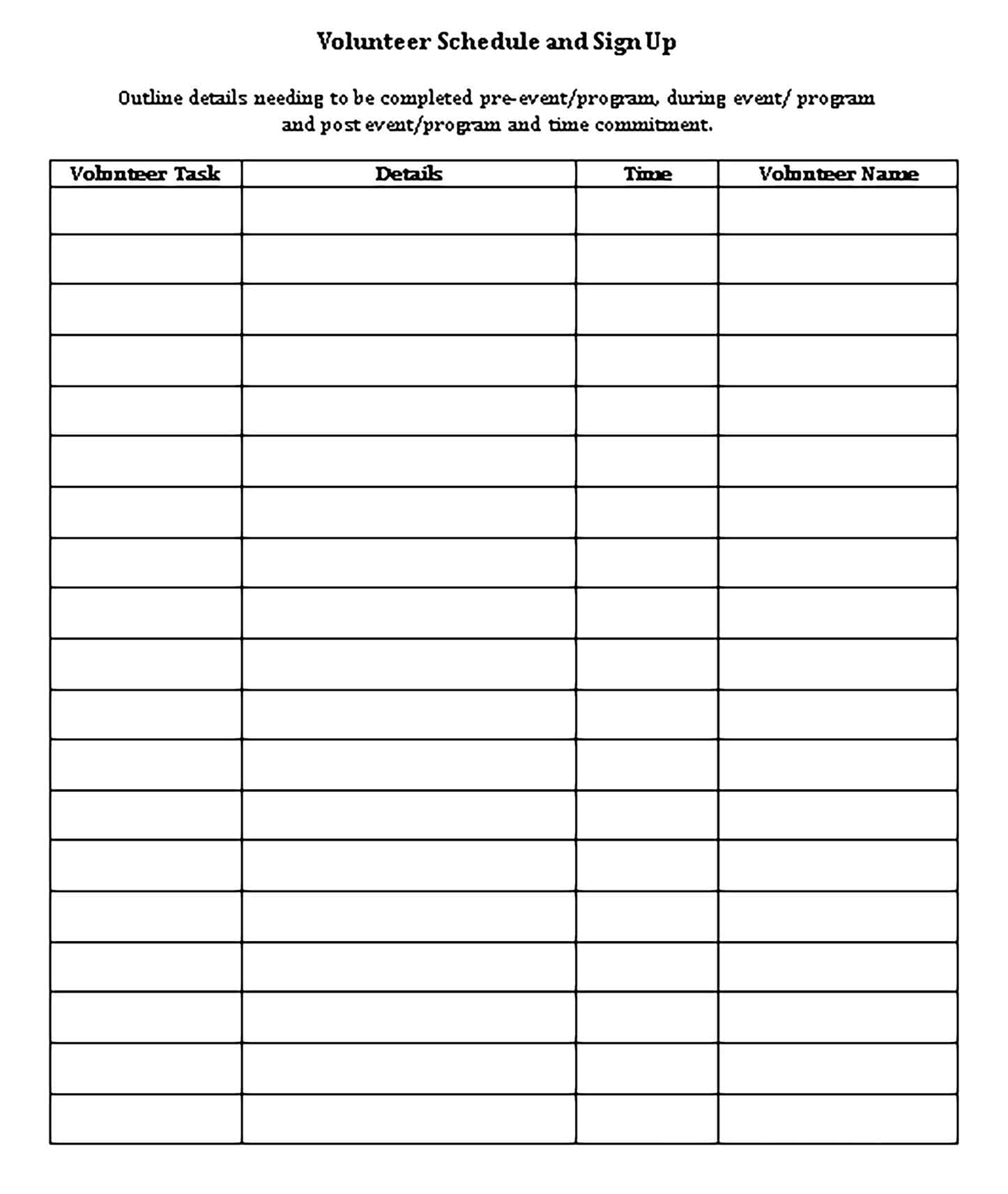 Template Volunteer Schedule and Sign Up in Word Doc Sample