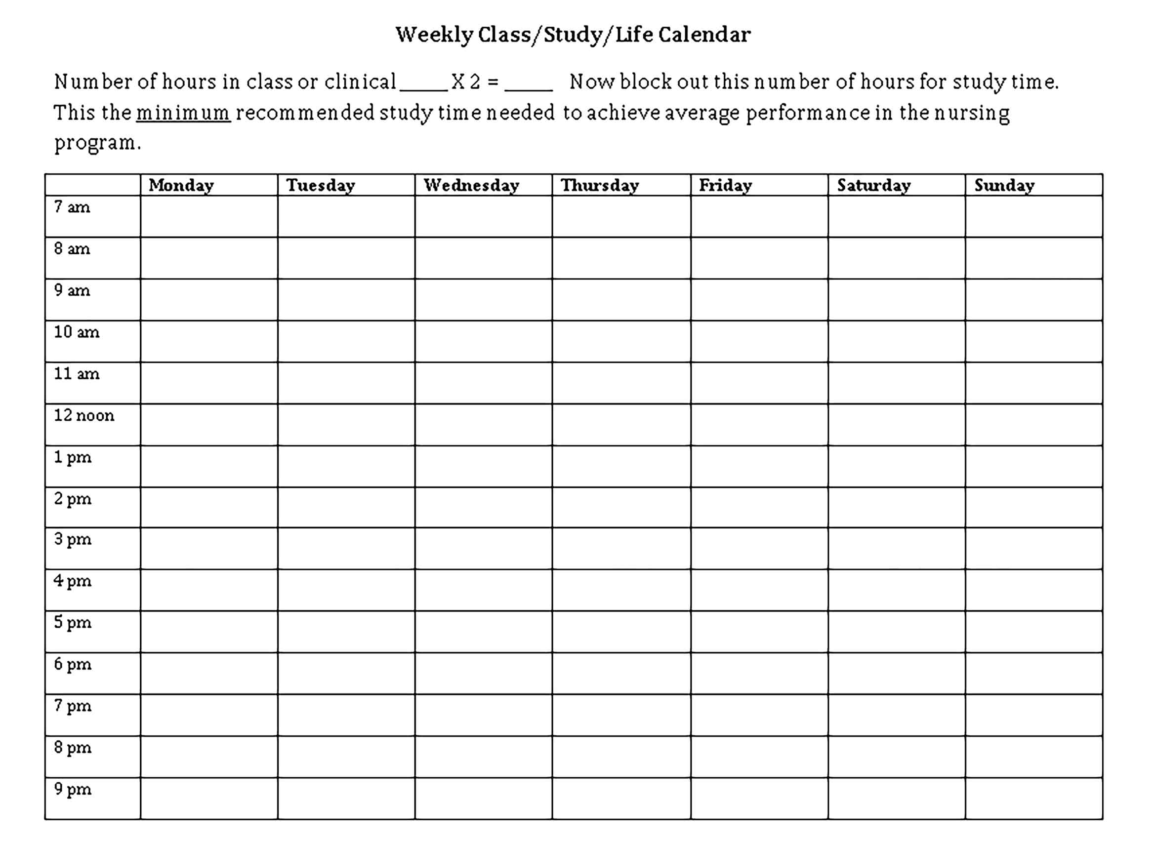 Template Weekly School Schedule Blank in Word Format Sample