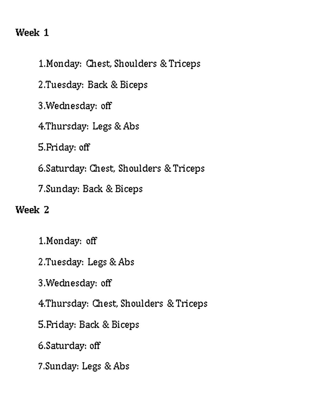 Template Workout Weekly Weight Training Schedule Sample