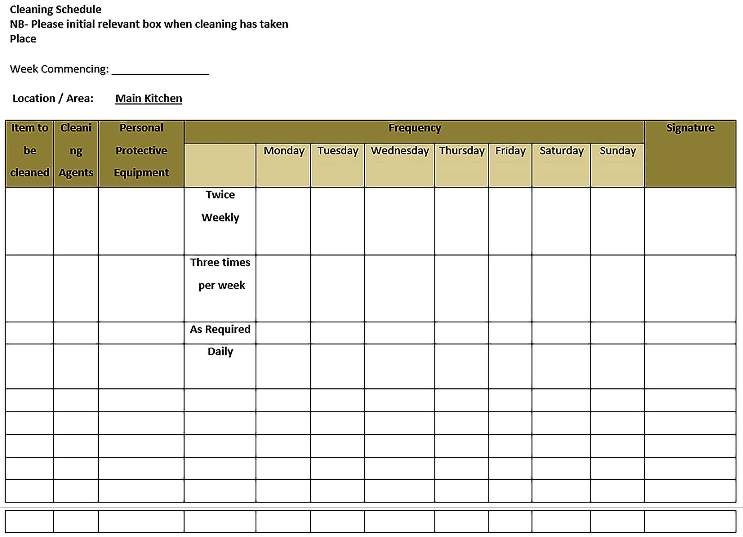 Template kitchen cleaning schedule Sample 002