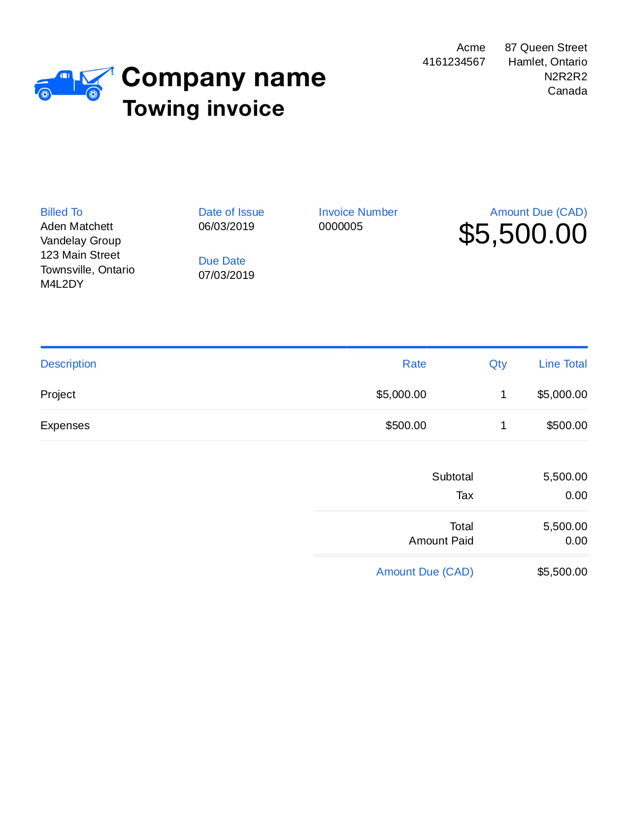 Towing Invoice Templates Printable