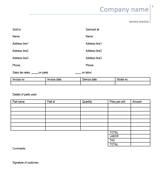 simple service invoice for labor and parts